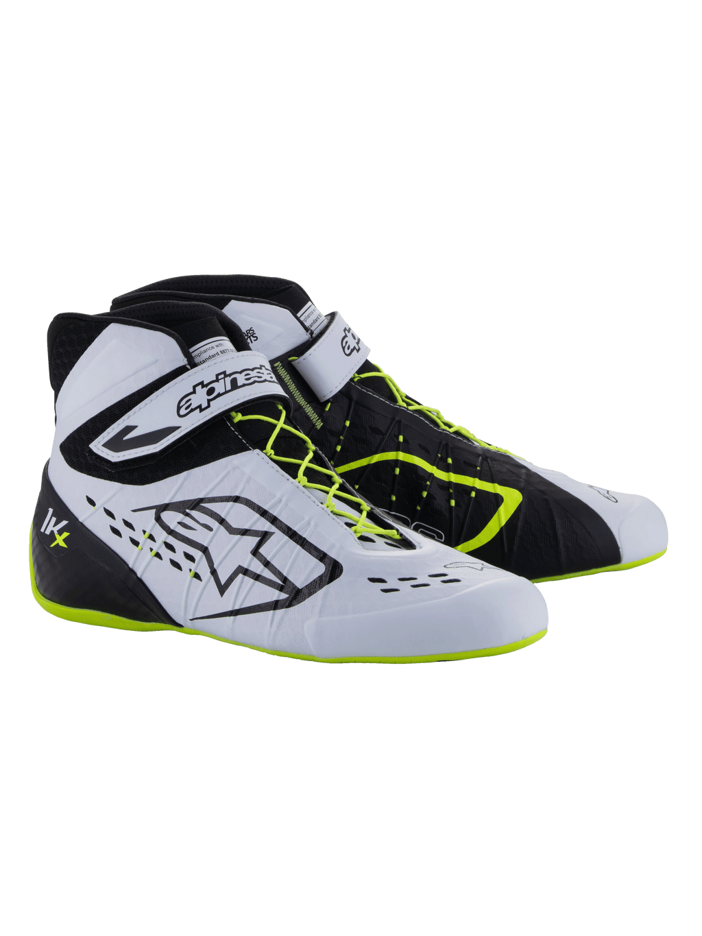Alpinestars Tech-1 KX V3 Shoes - FIA, scarpe da karting, nero, bianco e giallo fluo, calzature da corsa ad alte prestazioni con allacciatura asimmetrica, cinturino in velcro alla caviglia, accenti giallo fluo su lacci e suola e pannelli traspiranti tagliati al laser
