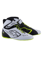 Alpinestars Tech-1 KX V3 Shoes - FIA, scarpe da karting, nero, bianco e giallo fluo, calzature da corsa ad alte prestazioni con allacciatura asimmetrica, cinturino in velcro alla caviglia, accenti giallo fluo su lacci e suola e pannelli traspiranti tagliati al laser