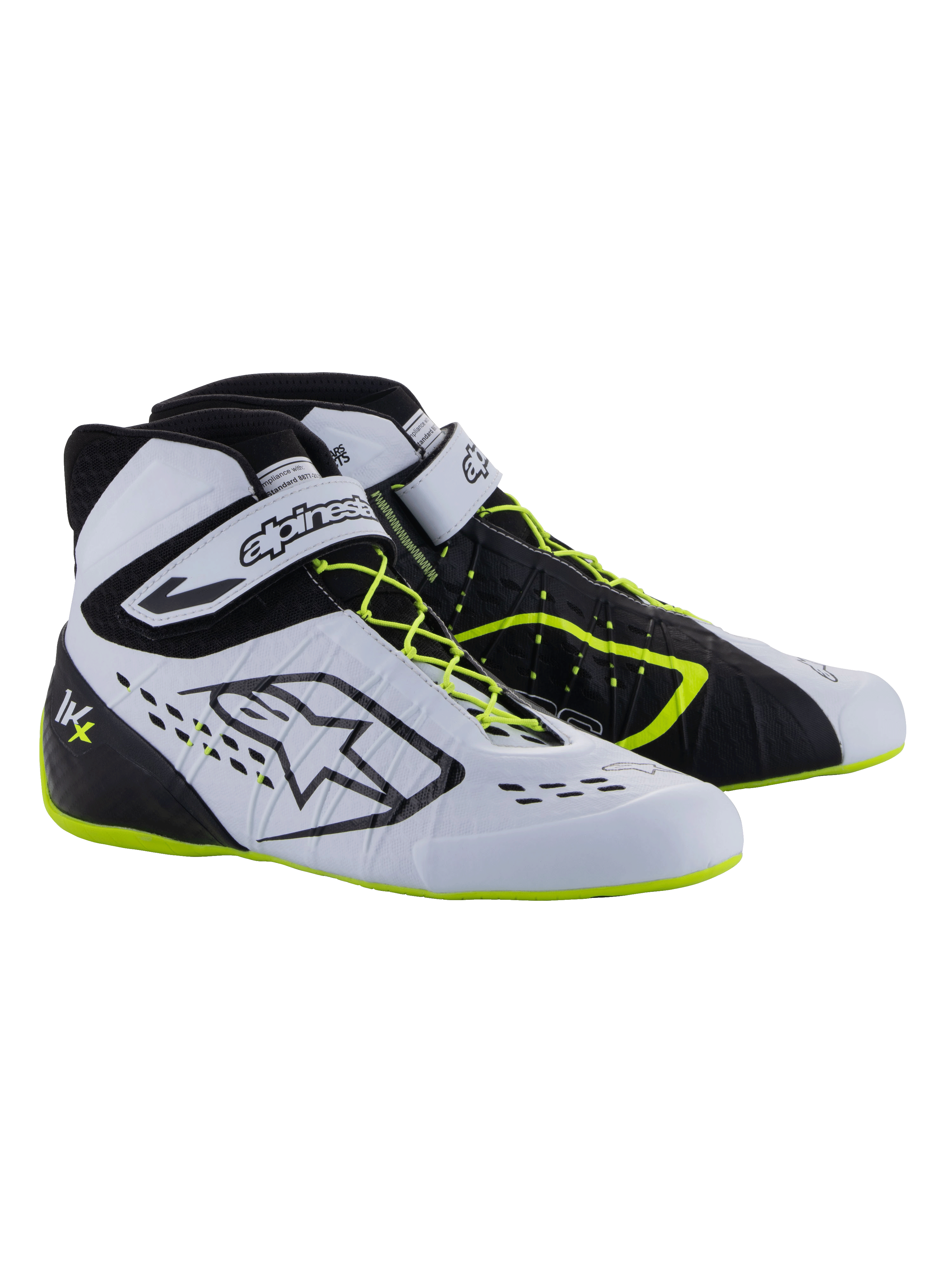 Alpinestars Tech-1 KX V3 Shoes - FIA, scarpe da karting, nero, bianco e giallo fluo, calzature da corsa ad alte prestazioni con allacciatura asimmetrica, cinturino in velcro alla caviglia, accenti giallo fluo su lacci e suola e pannelli traspiranti tagliati al laser