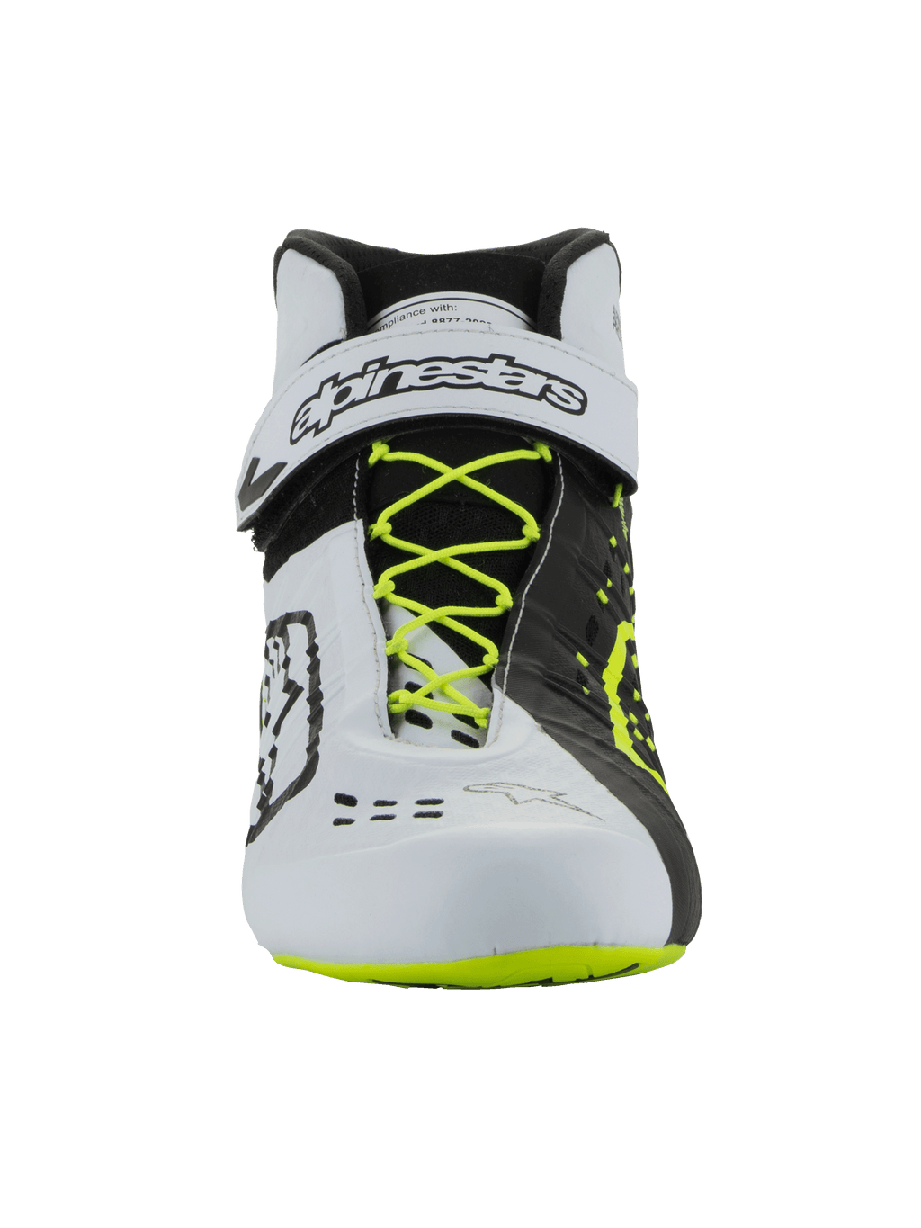 Scarpe Alpinestars Tech-1 KX V3 - FIA, calzature da karting, nero, bianco e giallo fluo, vista frontale con lacci giallo fluorescente, cinturino alla caviglia bianco con marchio nero, design asimmetrico a blocchi di colore e dettagli di ventilazione tagliati al laser