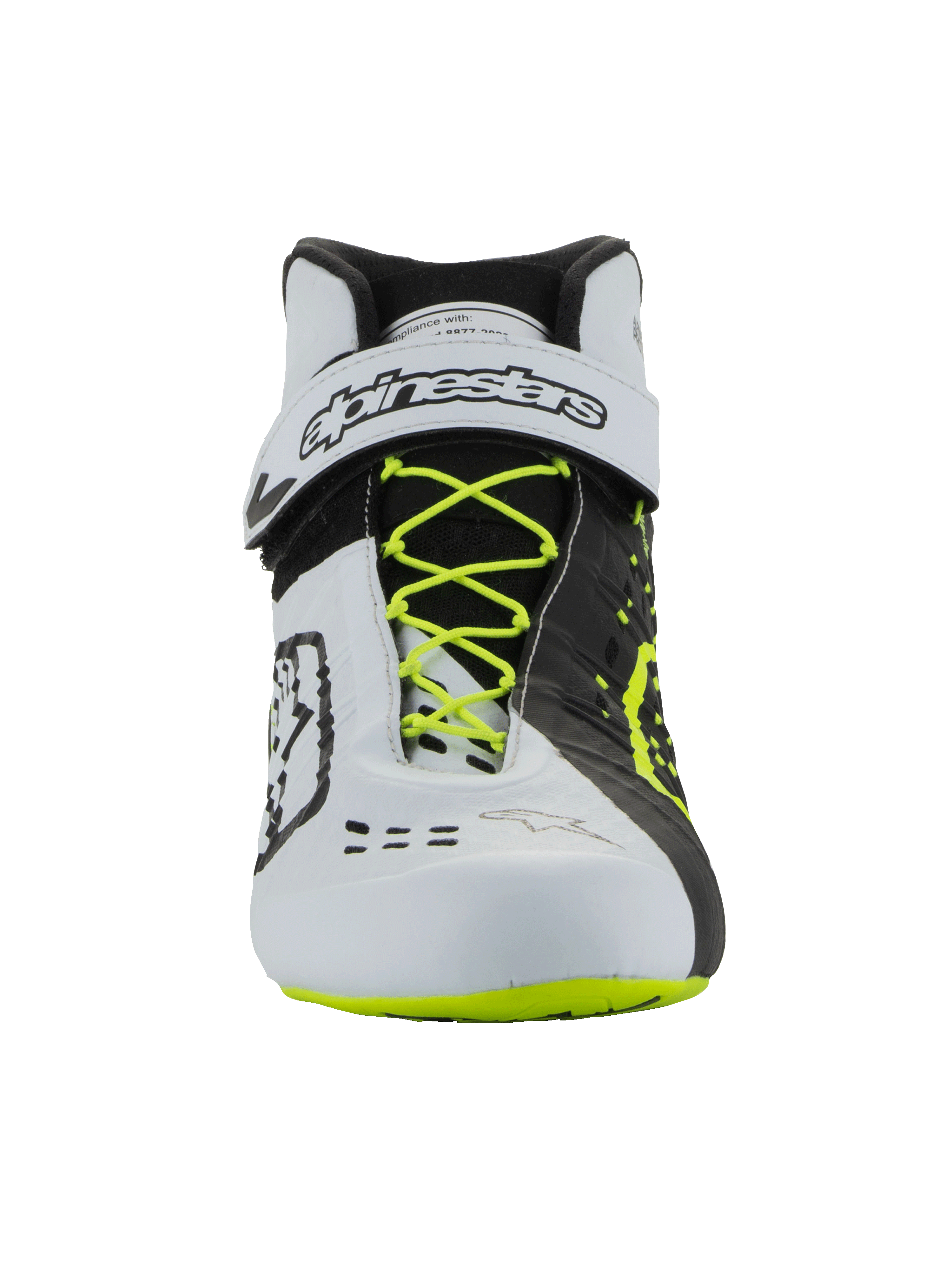 Scarpe Alpinestars Tech-1 KX V3 - FIA, calzature da karting, nero, bianco e giallo fluo, vista frontale con lacci giallo fluorescente, cinturino alla caviglia bianco con marchio nero, design asimmetrico a blocchi di colore e dettagli di ventilazione tagliati al laser