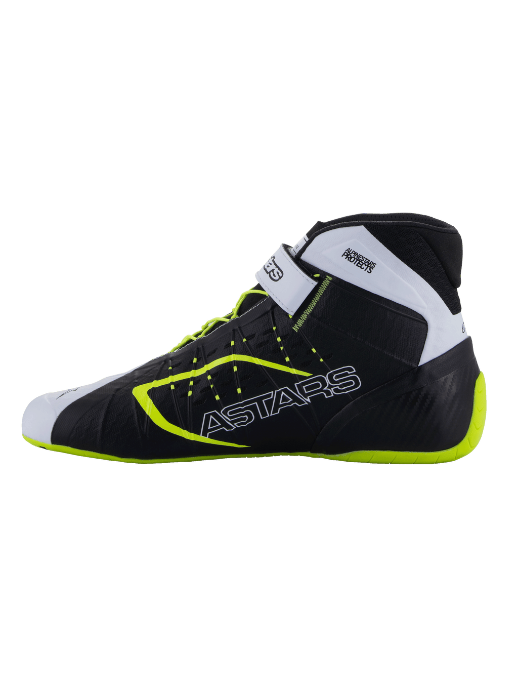 Scarpe Alpinestars Tech-1 KX V3 - FIA, scarpe da karting, nero, bianco e giallo fluo, profilo sottile con branding ASTARS laterale, cinturino regolabile e accenti fluorescenti, calzature da corsa leggere