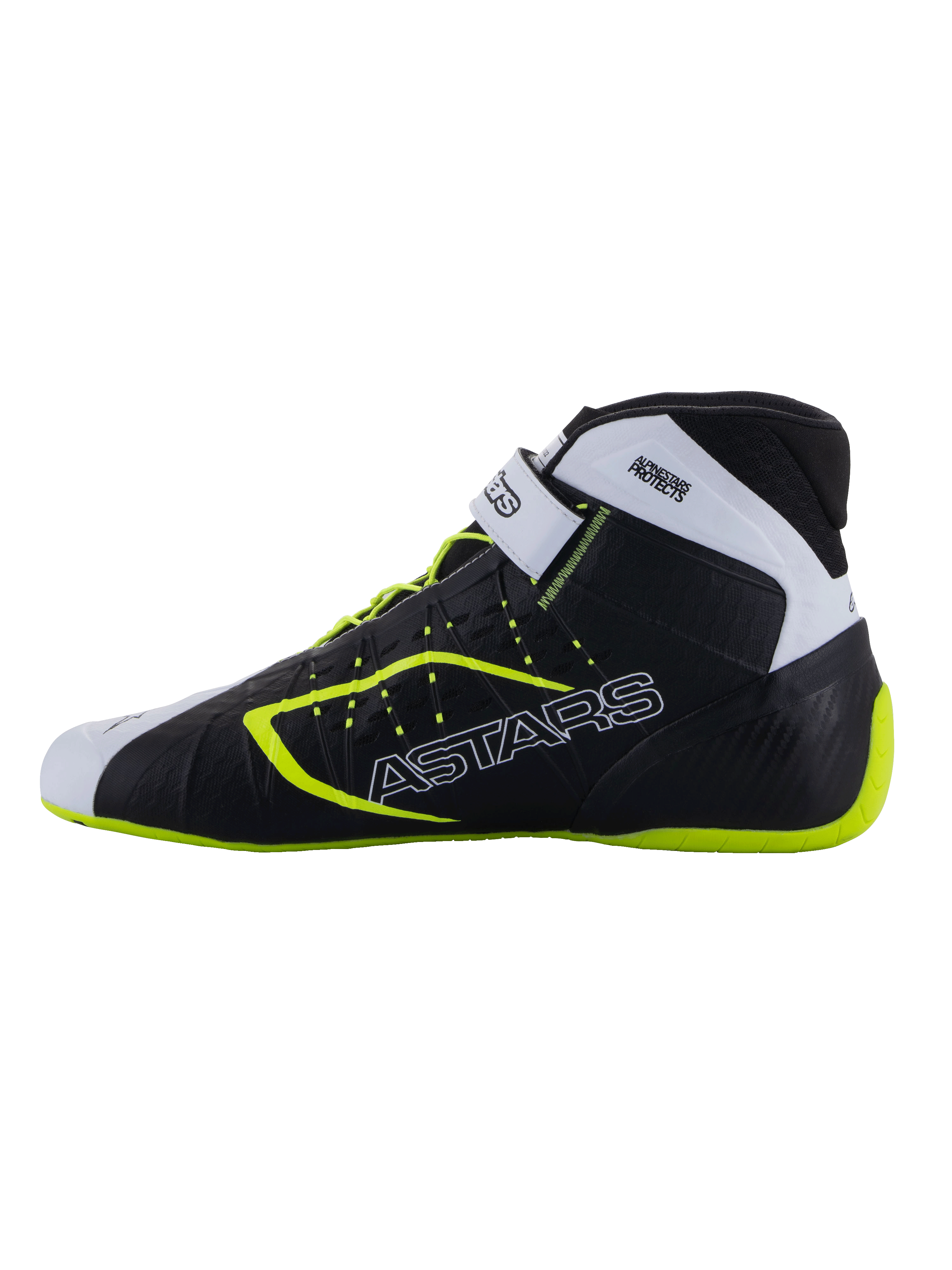 Scarpe Alpinestars Tech-1 KX V3 - FIA, scarpe da karting, nero, bianco e giallo fluo, profilo sottile con branding ASTARS laterale, cinturino regolabile e accenti fluorescenti, calzature da corsa leggere