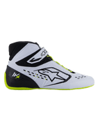 Scarpe Alpinestars Tech-1 KX V3 - FIA, scarpe da karting, nero, bianco e giallo fluo, profilo laterale sottile con tomaia termosaldata bianca, tallone nero con logo KX, suola e lacci giallo fluo, design professionale da motorsport per il karting