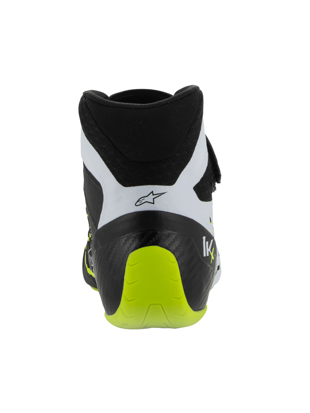 Scarpe Alpinestars Tech-1 KX V3, scarpe da kart certificate FIA, nero bianco e giallo fluo, vista posteriore che mostra il tallone rinforzato in un unico pezzo, accento giallo fluo brillante, pannelli bianchi con logo nero, calzature tecniche da motorsport per uso in pista.