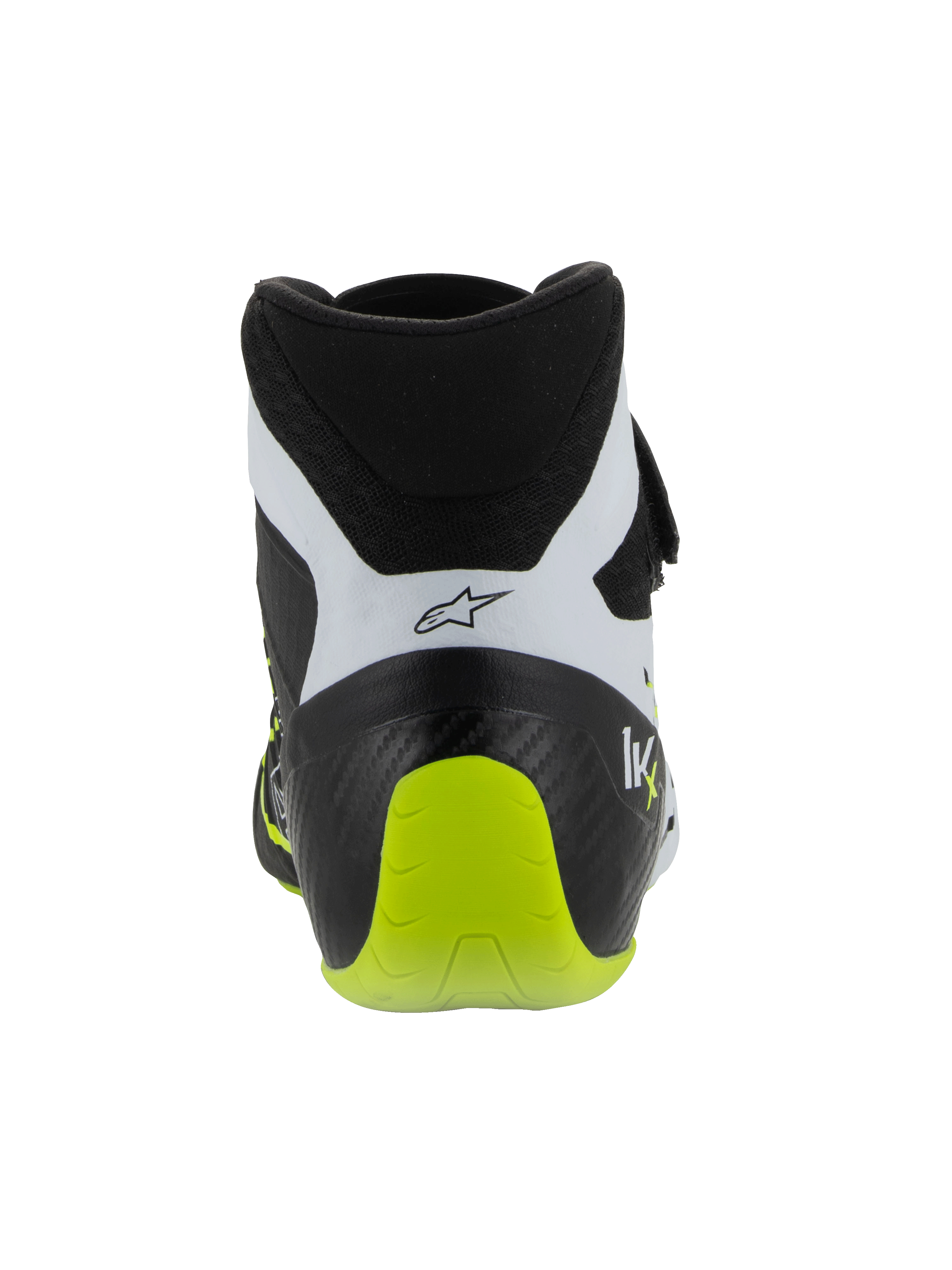 Scarpe Alpinestars Tech-1 KX V3, scarpe da kart certificate FIA, nero bianco e giallo fluo, vista posteriore che mostra il tallone rinforzato in un unico pezzo, accento giallo fluo brillante, pannelli bianchi con logo nero, calzature tecniche da motorsport per uso in pista.