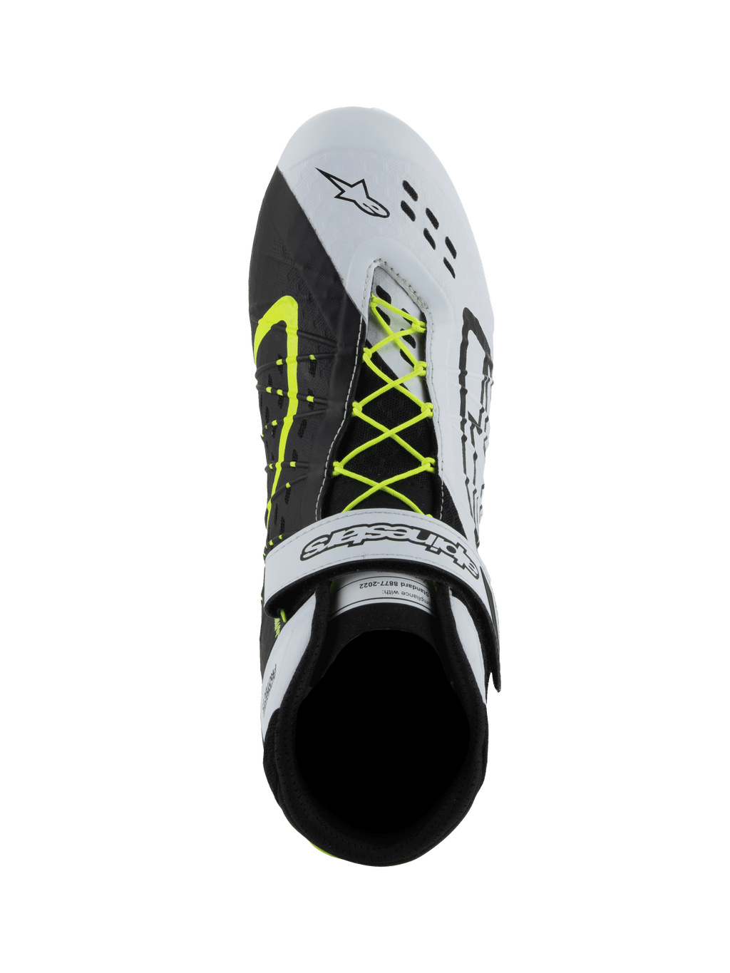 Scarpe Alpinestars Tech-1 KX V3, scarpe da karting FIA, nero, bianco e giallo fluo, vista dall'alto con sistema di allacciatura asimmetrico giallo neon, cinturino alla caviglia in velcro bianco e perforazioni tagliate al laser sulla punta