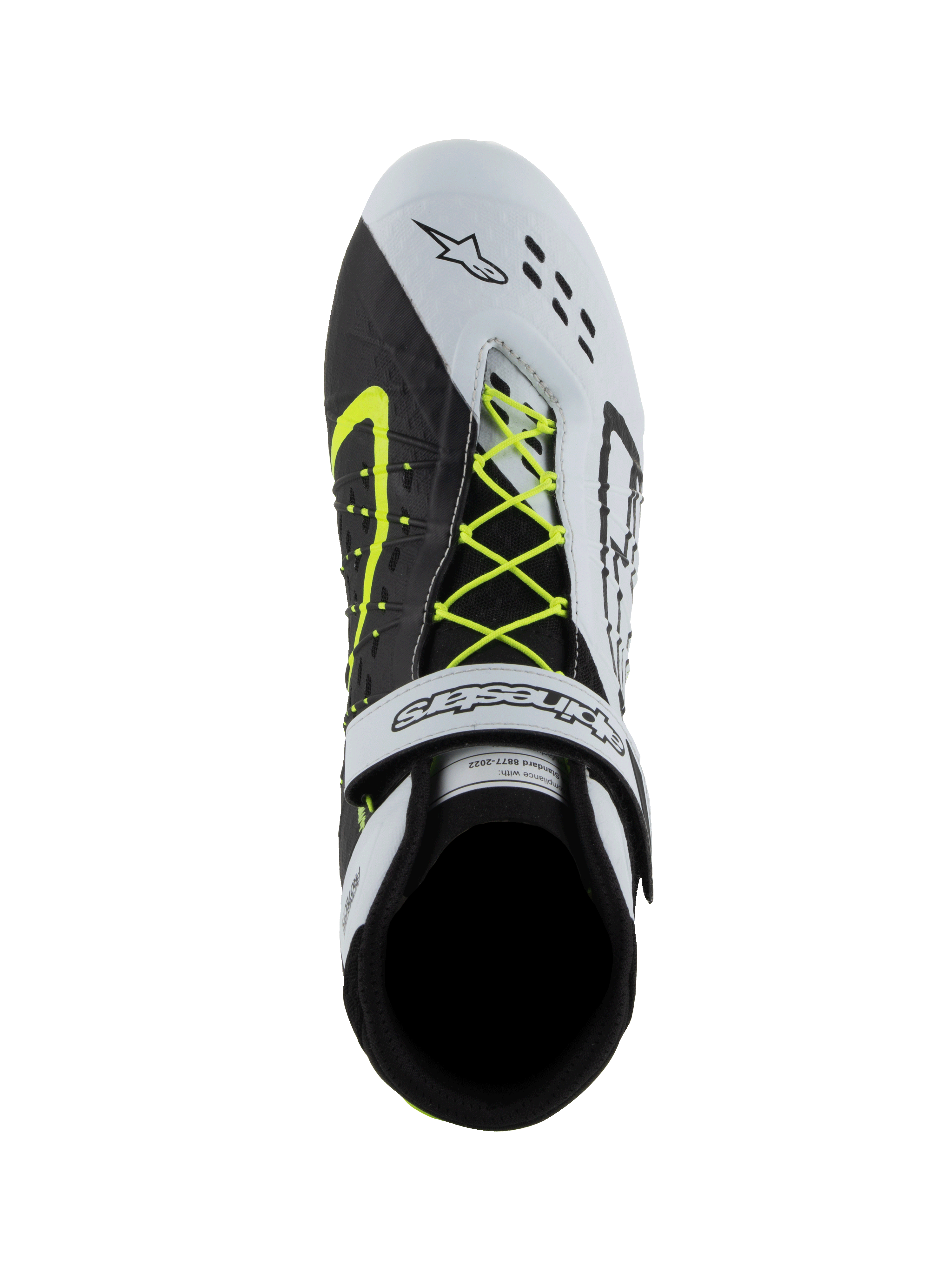 Scarpe Alpinestars Tech-1 KX V3, scarpe da karting FIA, nero, bianco e giallo fluo, vista dall'alto con sistema di allacciatura asimmetrico giallo neon, cinturino alla caviglia in velcro bianco e perforazioni tagliate al laser sulla punta
