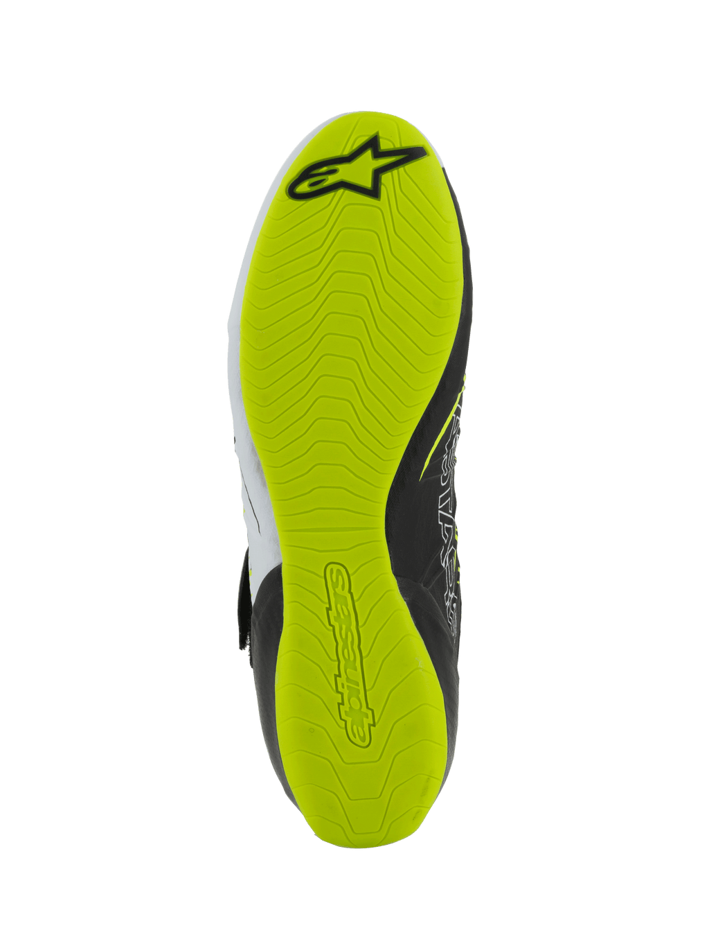 Scarpe Alpinestars Tech-1 KX V3 - FIA, scarpe da karting, vista dal basso della suola, gomma giallo fluo con trama strutturata per il grip, logo Alpinestars nero e marchio in rilievo per la sensibilità sui pedali