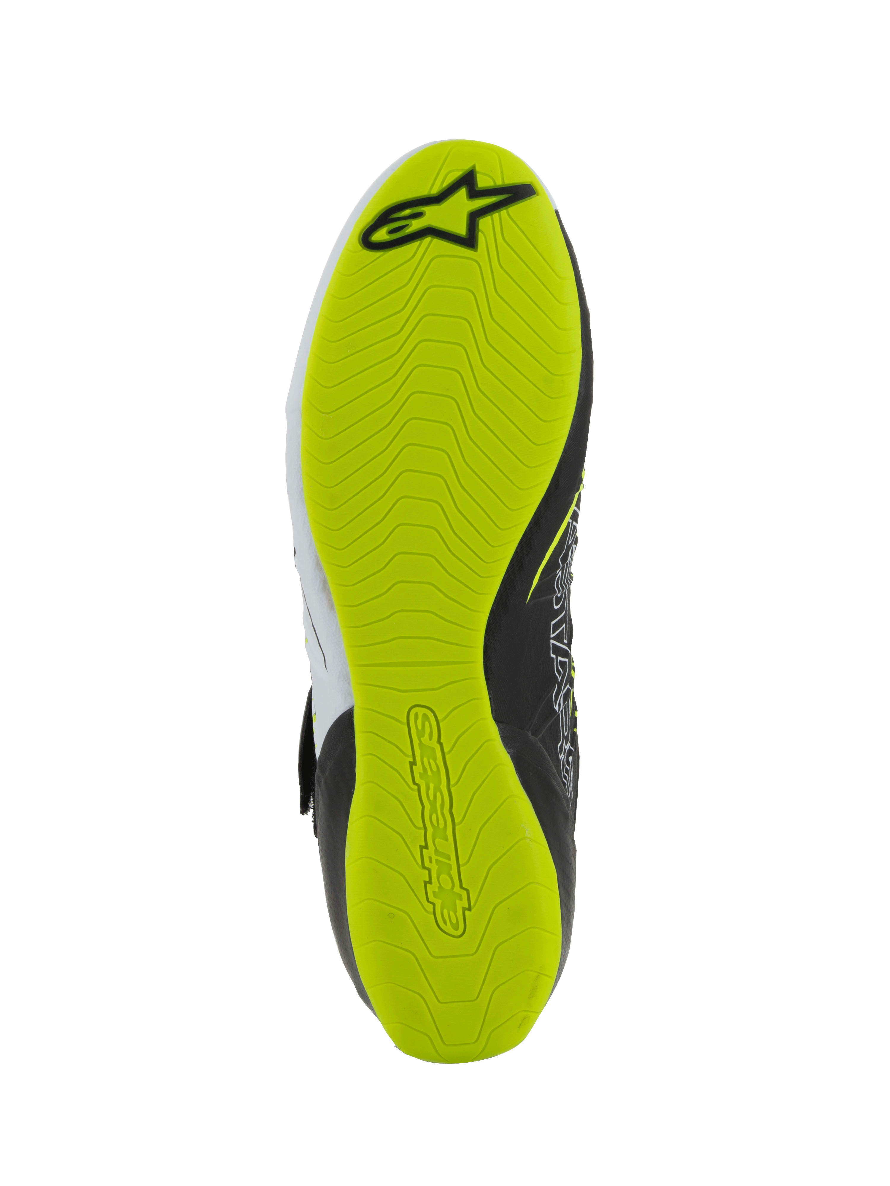 Scarpe Alpinestars Tech-1 KX V3 - FIA, scarpe da karting, vista dal basso della suola, gomma giallo fluo con trama strutturata per il grip, logo Alpinestars nero e marchio in rilievo per la sensibilità sui pedali