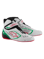 Scarpe da kart Alpinestars Tech-1 KX V3, bianco, verde e rosso, dotate di tomaia termosaldata senza cuciture con perforazioni tagliate al laser, allacciatura asimmetrica, cinturino in velcro con marchio rosso e sottile suola in gomma rossa