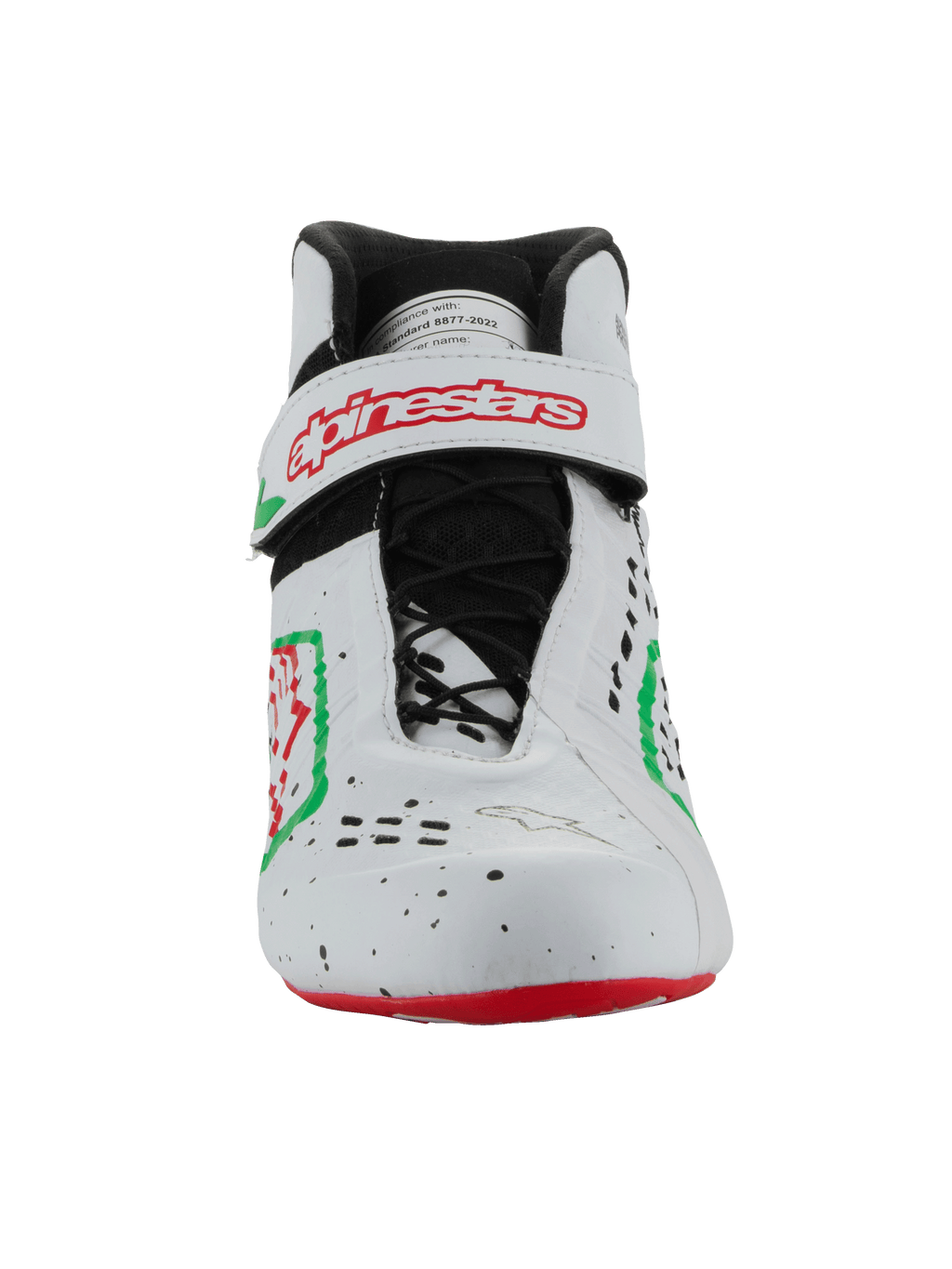 Scarpe Alpinestars Tech-1 KX V3 - FIA, scarpe da karting, bianco verde e rosso, vista frontale con sistema di allacciatura asimmetrico e cinturino in velcro con logo Alpinestars rosso, design traforato elegante per il motorsport.
