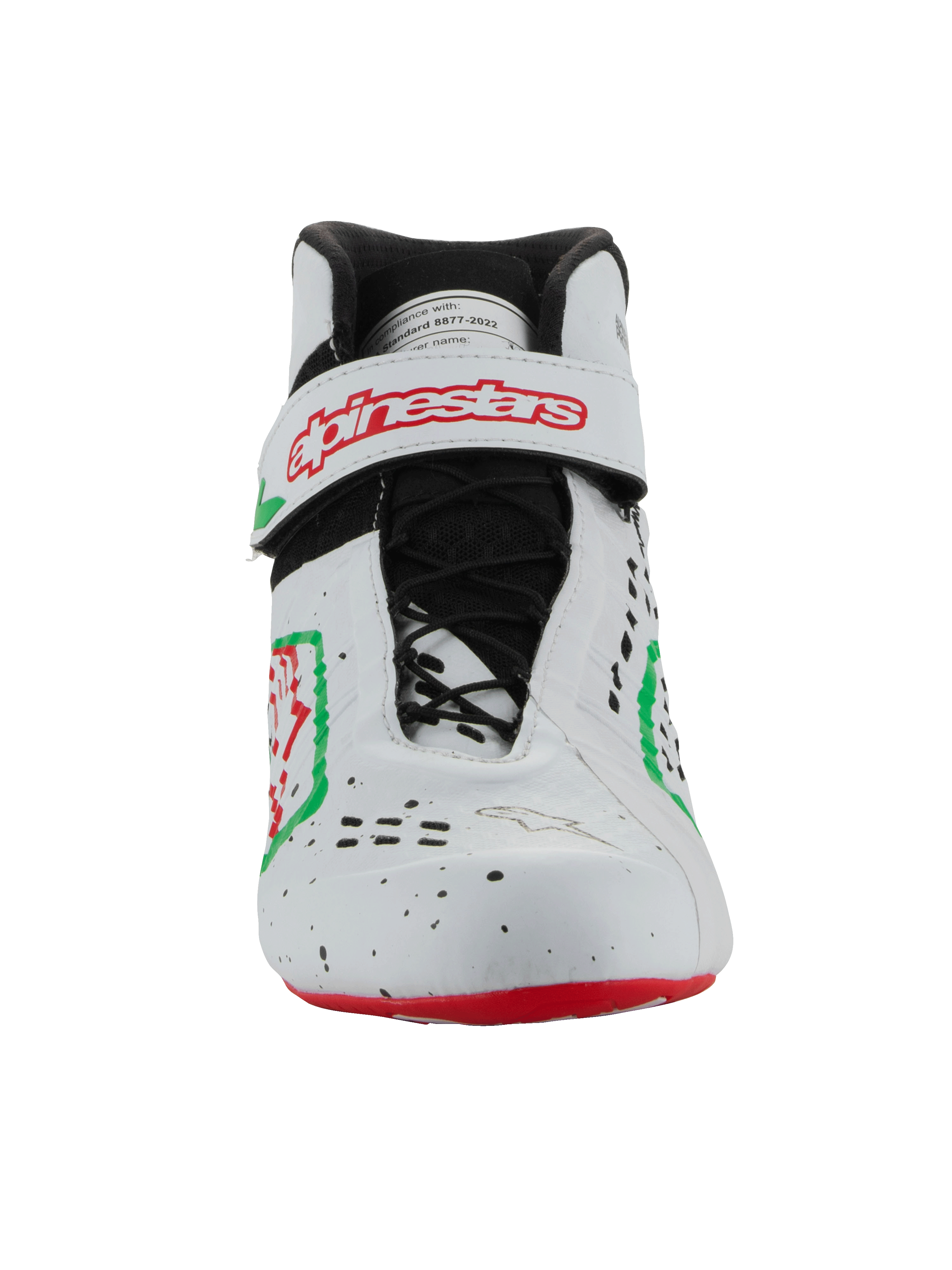 Scarpe Alpinestars Tech-1 KX V3 - FIA, scarpe da karting, bianco verde e rosso, vista frontale con sistema di allacciatura asimmetrico e cinturino in velcro con logo Alpinestars rosso, design traforato elegante per il motorsport.