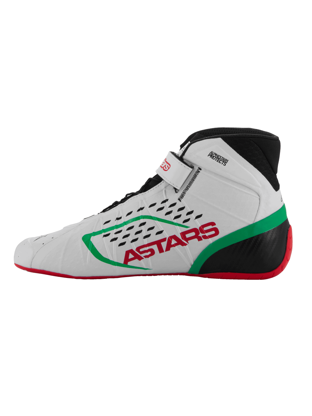 Scarpe Alpinestars Tech-1 KX V3, calzature da karting, bianco, verde e rosso, vista laterale, marchio ASTARS rosso e striscia verde, colletto nero con perforazioni tagliate al laser, suola rossa sottile per sensibilità sui pedali