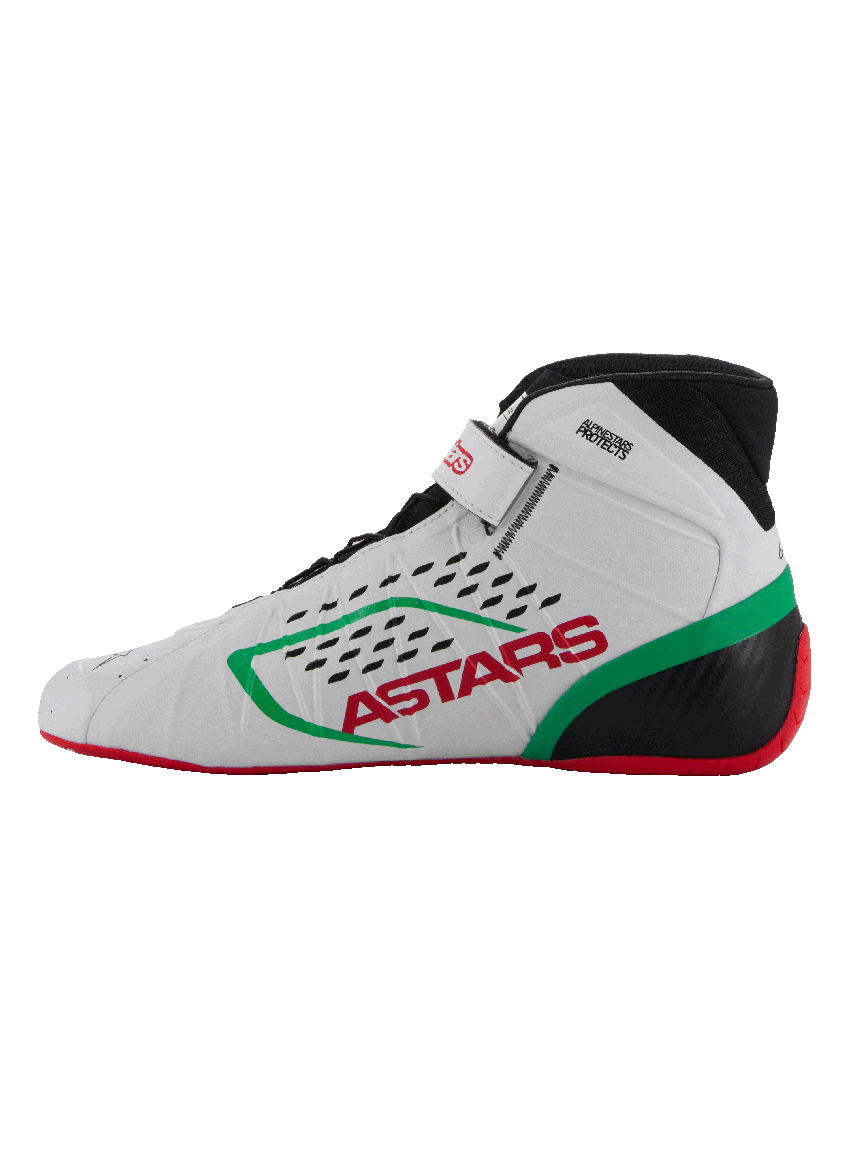 Scarpe Alpinestars Tech-1 KX V3, calzature da karting, bianco, verde e rosso, vista laterale, marchio ASTARS rosso e striscia verde, colletto nero con perforazioni tagliate al laser, suola rossa sottile per sensibilità sui pedali