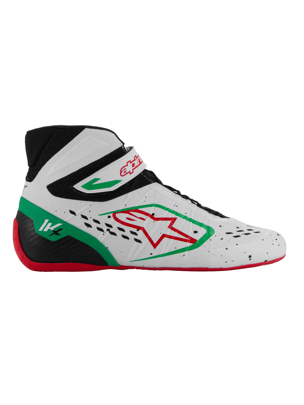 Alpinestars Tech-1 KX V3 Shoes, scarpe da karting omologate FIA, bianche con dettagli neri, verdi e rossi, logo stella rosso, suola rossa, design high-top con cinturino in velcro, tomaia traforata traspirante, marchio 1K sul tallone