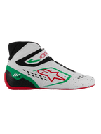 Alpinestars Tech-1 KX V3 Shoes, scarpe da karting omologate FIA, bianche con dettagli neri, verdi e rossi, logo stella rosso, suola rossa, design high-top con cinturino in velcro, tomaia traforata traspirante, marchio 1K sul tallone