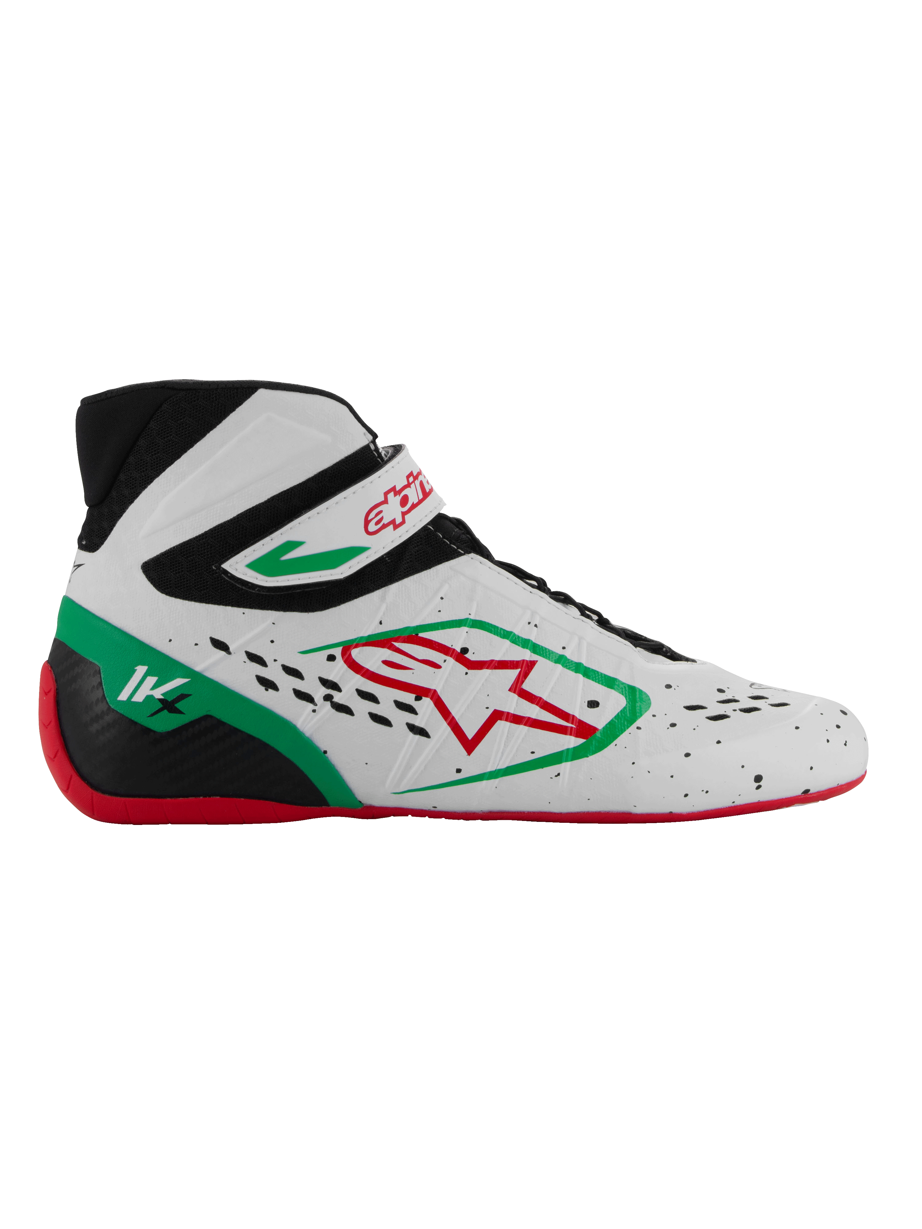 Alpinestars Tech-1 KX V3 Shoes, scarpe da karting omologate FIA, bianche con dettagli neri, verdi e rossi, logo stella rosso, suola rossa, design high-top con cinturino in velcro, tomaia traforata traspirante, marchio 1K sul tallone