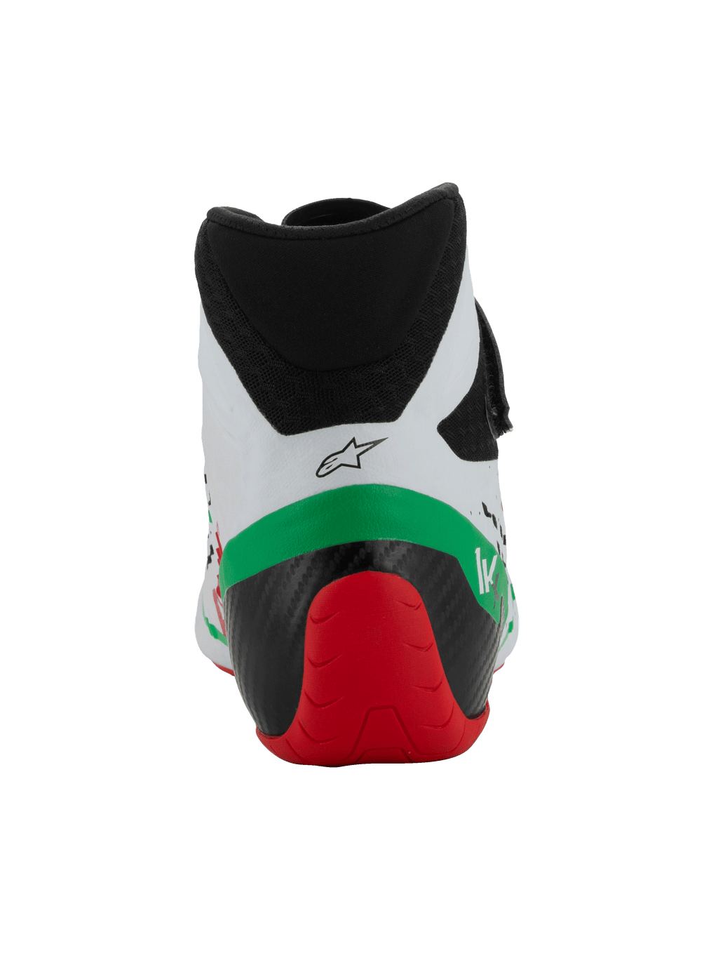 Scarpe Alpinestars Tech-1 KX V3 - FIA, scarpe da karting, bianco, verde e rosso, vista posteriore che mostra il colletto in microfibra a taglio basso, la struttura del tallone rinforzata nera e rossa e il logo Alpinestars