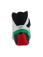 Scarpe Alpinestars Tech-1 KX V3 - FIA, scarpe da karting, bianco, verde e rosso, vista posteriore che mostra il colletto in microfibra a taglio basso, la struttura del tallone rinforzata nera e rossa e il logo Alpinestars