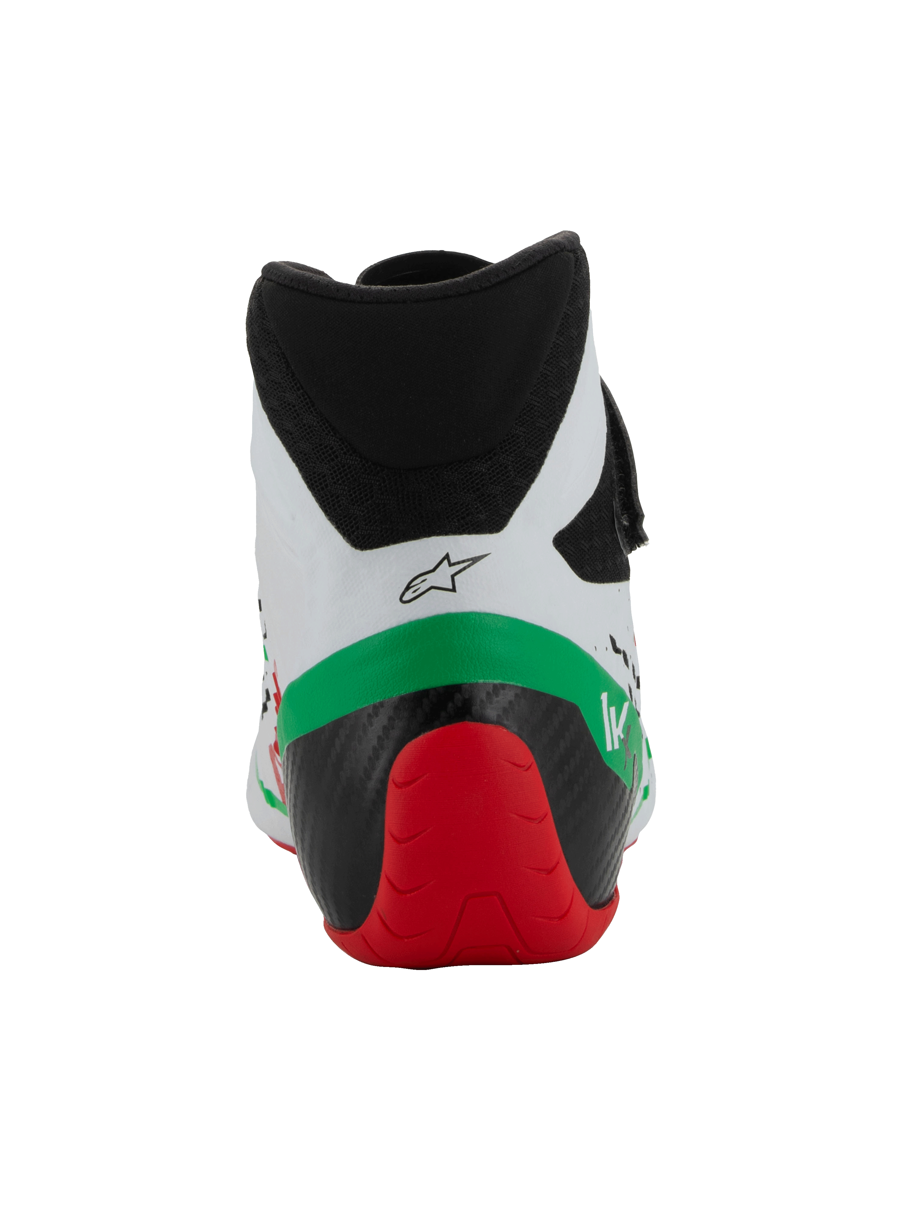 Scarpe Alpinestars Tech-1 KX V3 - FIA, scarpe da karting, bianco, verde e rosso, vista posteriore che mostra il colletto in microfibra a taglio basso, la struttura del tallone rinforzata nera e rossa e il logo Alpinestars