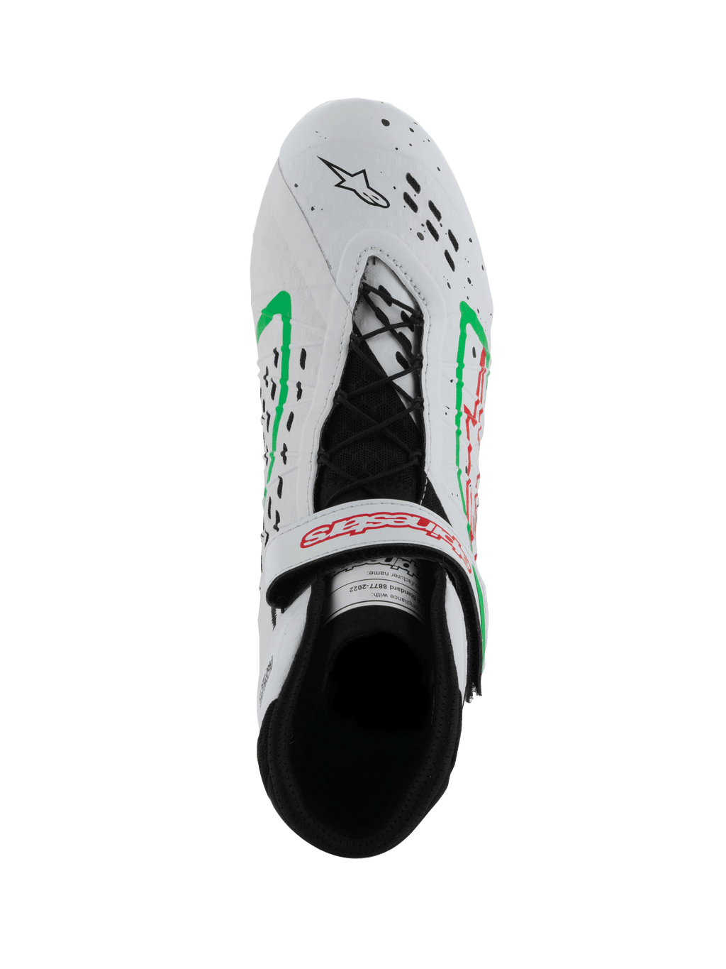 Scarpe Alpinestars Tech-1 KX V3, scarpe da kart omologate FIA, bianco con accenti verdi e rossi, vista dall'alto che mostra l'allacciatura asimmetrica, cinturino regolabile con logo rosso e perforazioni tagliate al laser sulla punta.