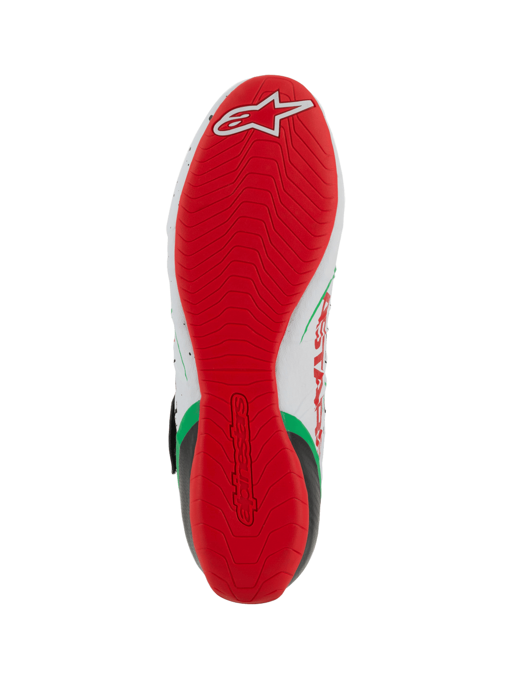 Scarpe da kart Alpinestars Tech-1 KX V3, vista della suola, suola esterna in gomma sottile rosso brillante con motivo grip strutturato, logo Alpinestars bianco sul tallone, colorazione bianco, verde e rosso
