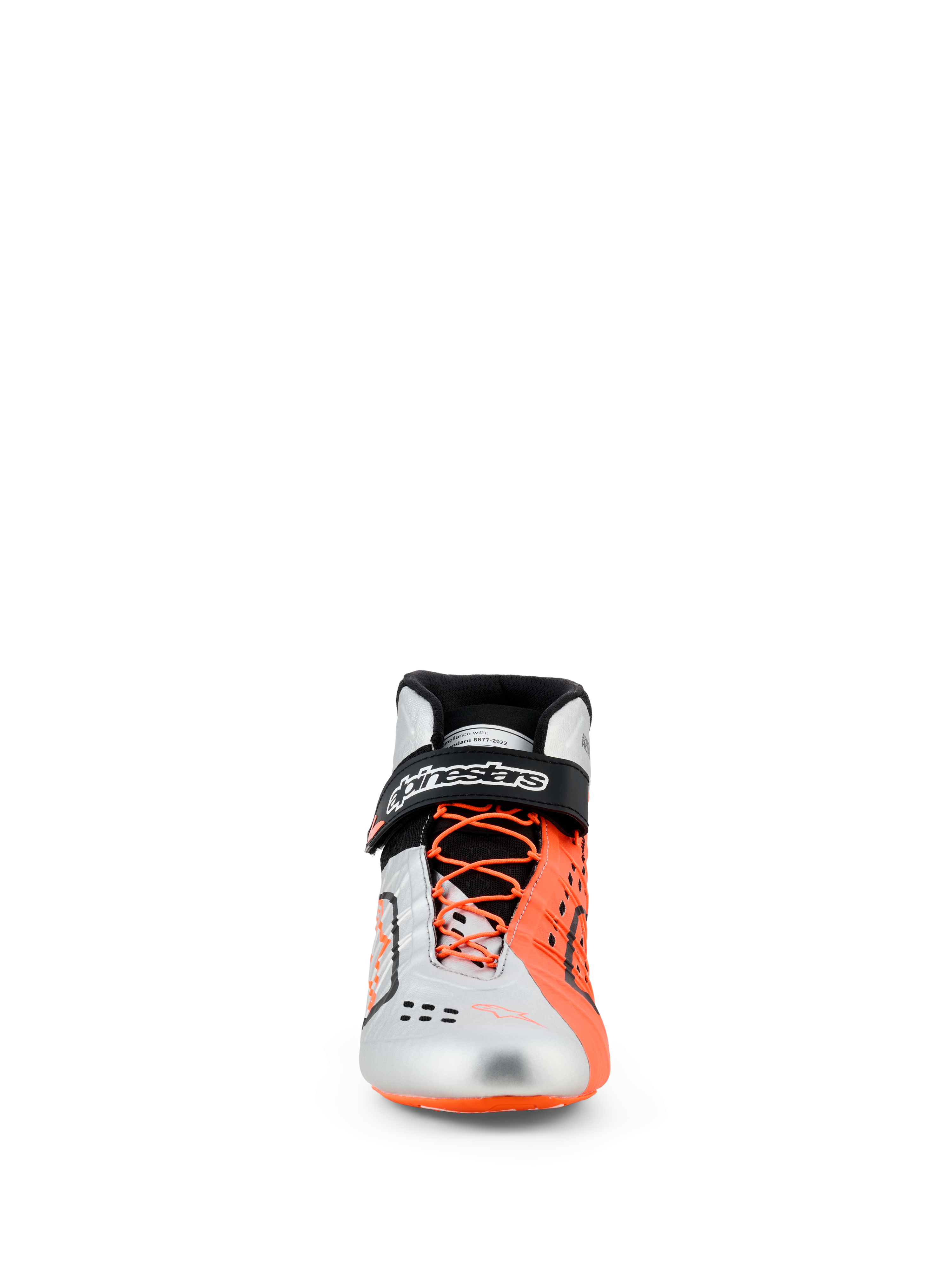 Scarpe Alpinestars Tech-1 KX V3, scarpe da karting, nero, argento e arancione fluo, vista frontale, tomaia argento e arancione fluorescente, lacci arancioni asimmetrici, cinturino alla caviglia nero con logo bianco, calzatura da corsa certificata FIA