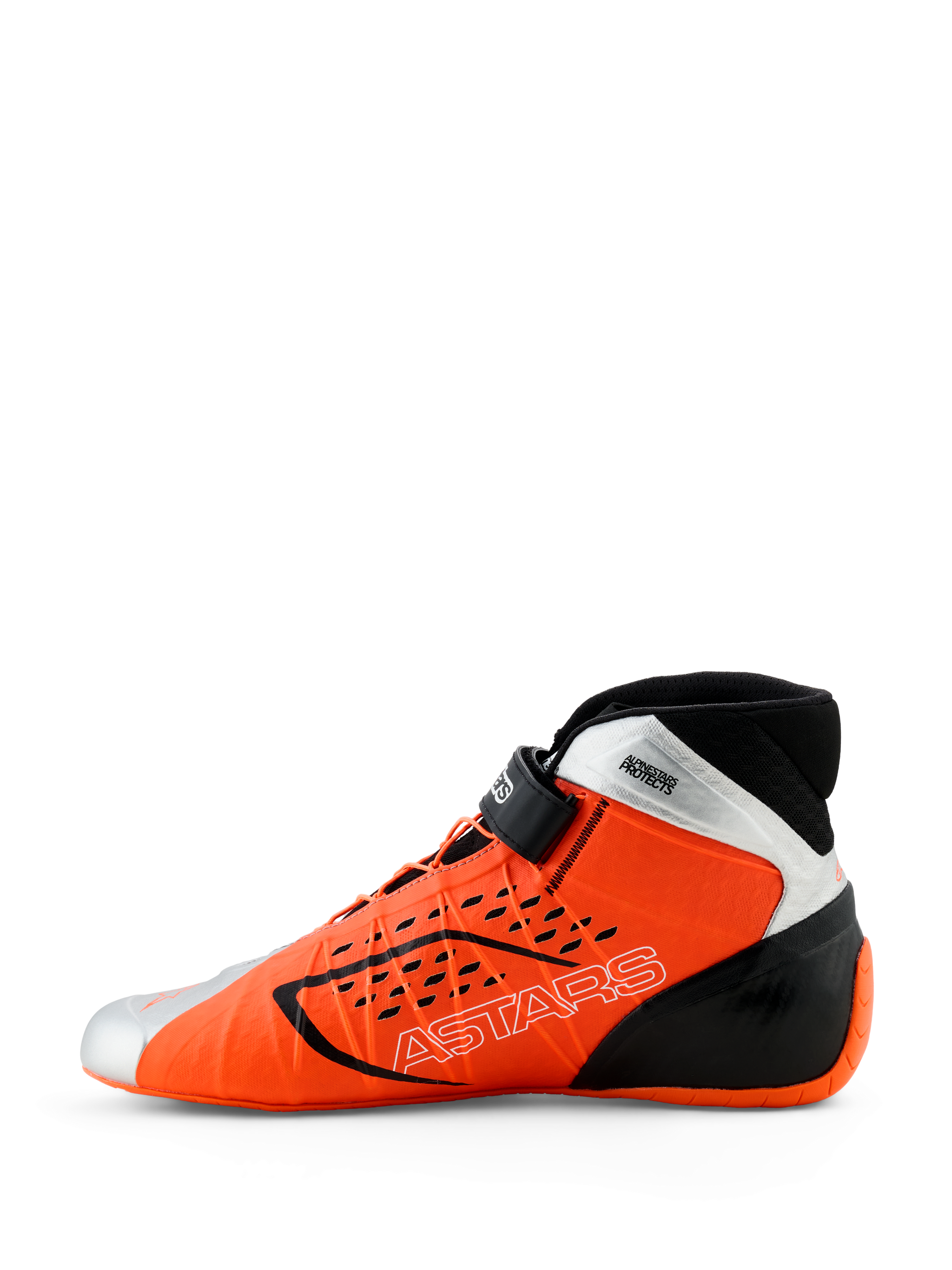 Scarpe Alpinestars Tech-1 KX V3, scarpe da karting, arancione fluo, nero e argento, vista di profilo laterale, con logo ASTARS sul lato, cinturino regolabile sulla caviglia e design aerodinamico per corse professionali