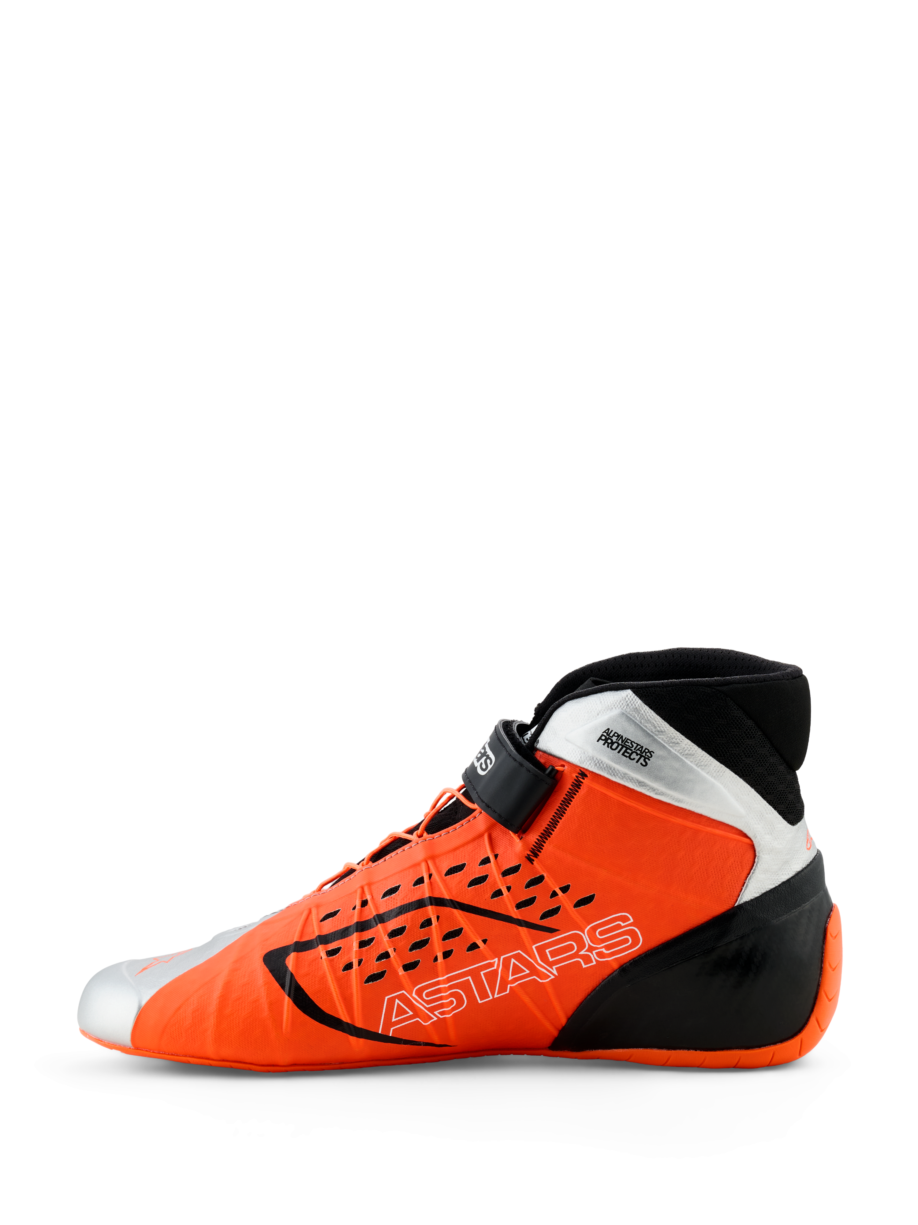 Scarpe Alpinestars Tech-1 KX V3, scarpe da karting, arancione fluo, nero e argento, vista di profilo laterale, con logo ASTARS sul lato, cinturino regolabile sulla caviglia e design aerodinamico per corse professionali