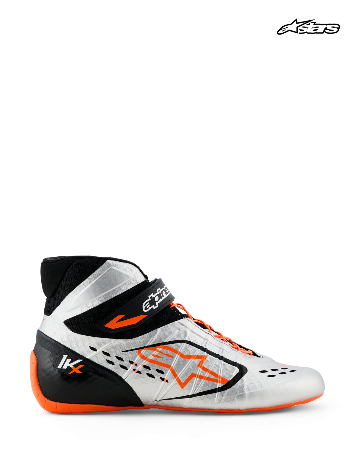 Alpinestars Scarpe Tech-1 KX V3 - FIA, scarpe da karting, nero, argento e arancione, vista di profilo laterale con struttura termo-saldata e allacciatura asimmetrica