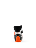 Scarpe Alpinestars Tech-1 KX V3, scarpe da karting, nero argento e arancione fluo, vista posteriore con tallone testurizzato arancione acceso e pannelli laterali argento, design a taglio alto per competizioni professionali