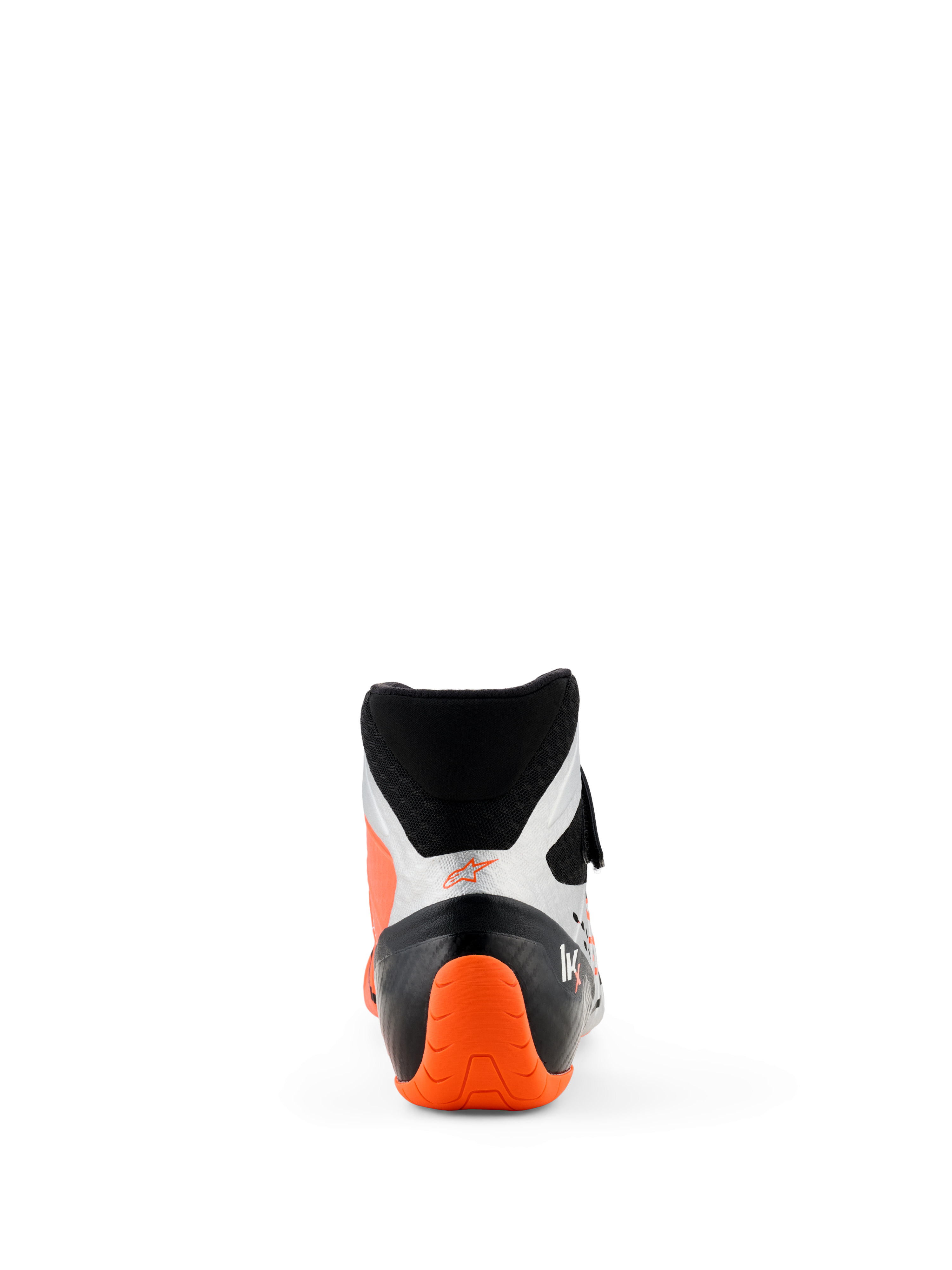 Scarpe Alpinestars Tech-1 KX V3, scarpe da karting, nero argento e arancione fluo, vista posteriore con tallone testurizzato arancione acceso e pannelli laterali argento, design a taglio alto per competizioni professionali