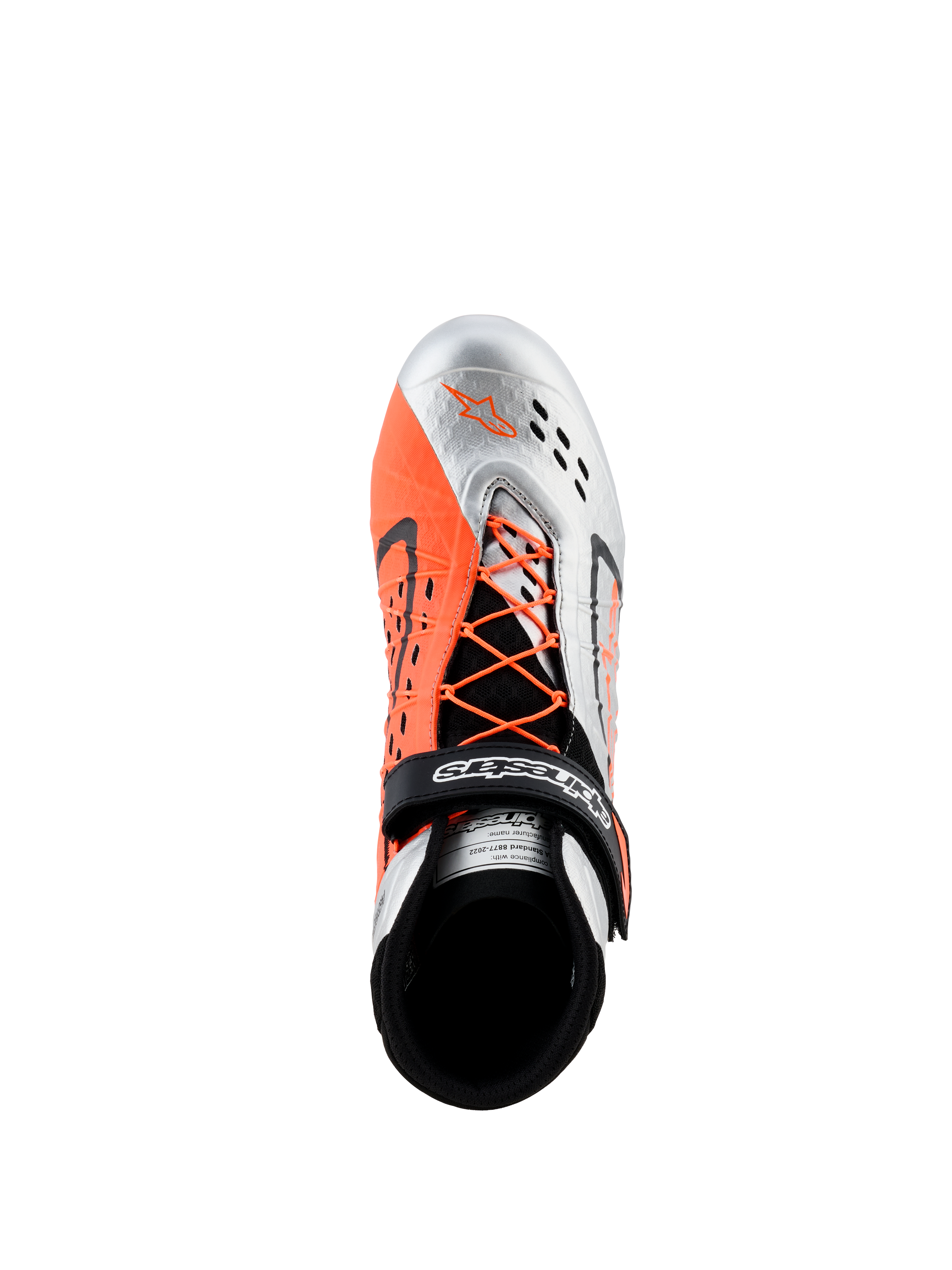 Alpinestars Tech-1 KX V3 Shoes - FIA, scarpe da karting, nero, argento e arancione fluo, vista dall'alto con allacciatura asimmetrica e lacci arancioni, cinturino in Velcro con logo e traforature laser traspiranti sulla punta argentata.