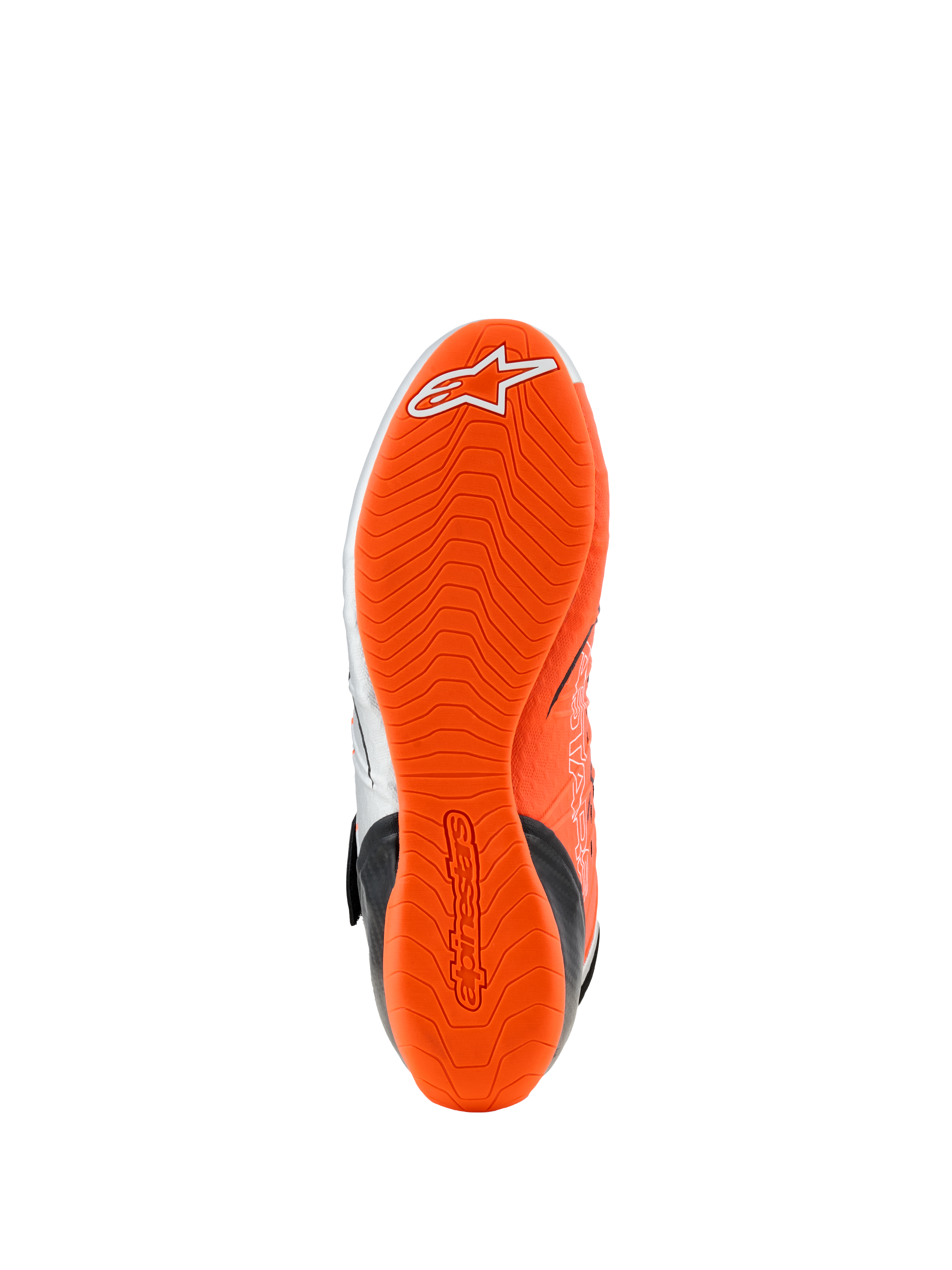 Scarpe Alpinestars Tech-1 KX V3, vista della suola, gomma arancione fluo, battistrada a trama ondulata con logo bianco e branding in rilievo, progettate per il grip e la sensibilità sui pedali nel karting