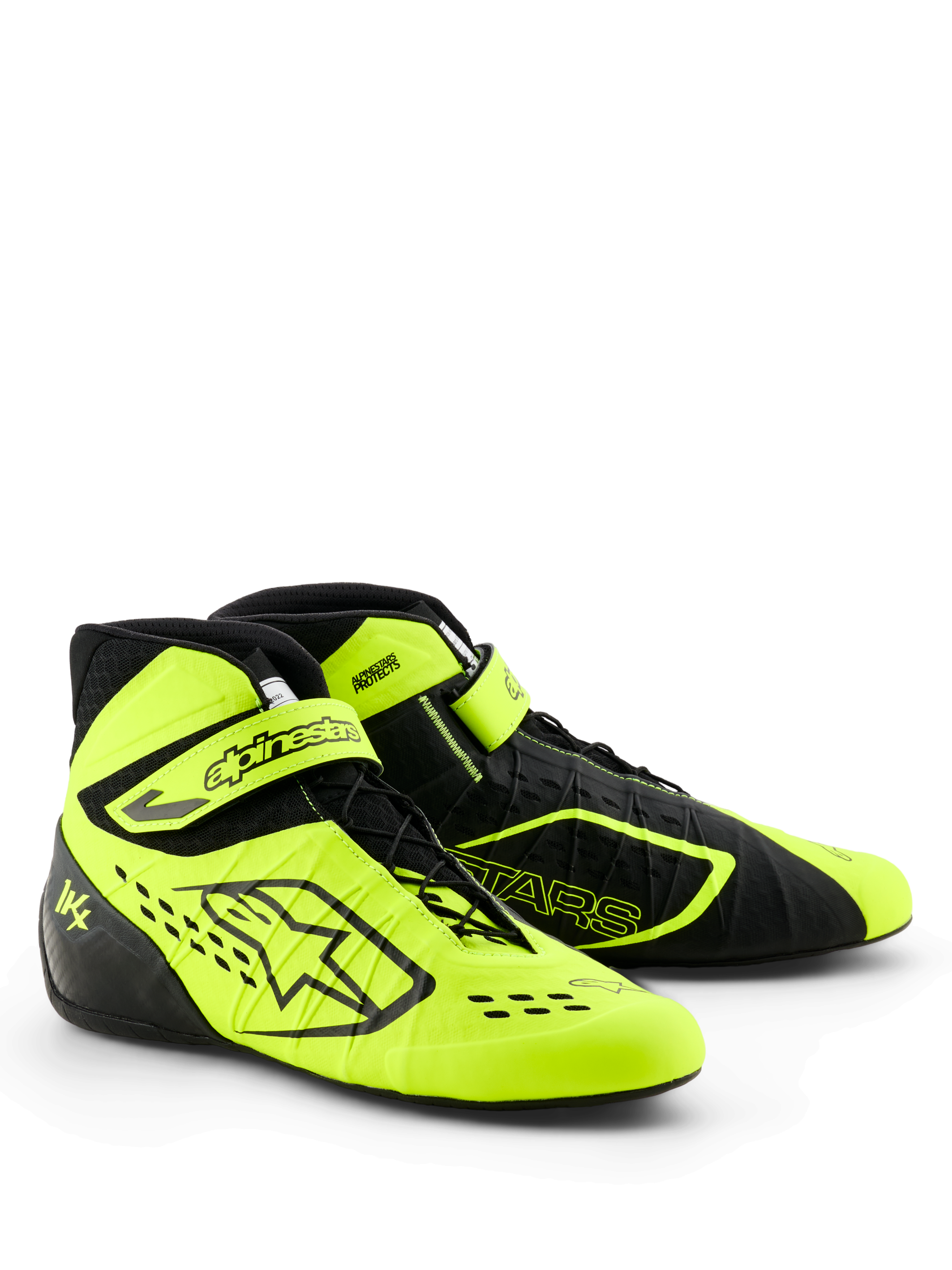 Alpinestars Tech-1 KX V3 Karting Shoes, nero e giallo fluo, profilo aerodinamico, allacciatura asimmetrica con cinturino regolabile sulla caviglia, perforazioni tagliate al laser per la traspirabilità, costruzione termo-saldata leggera, calzature da motorsport certificate FIA 8877-2022
