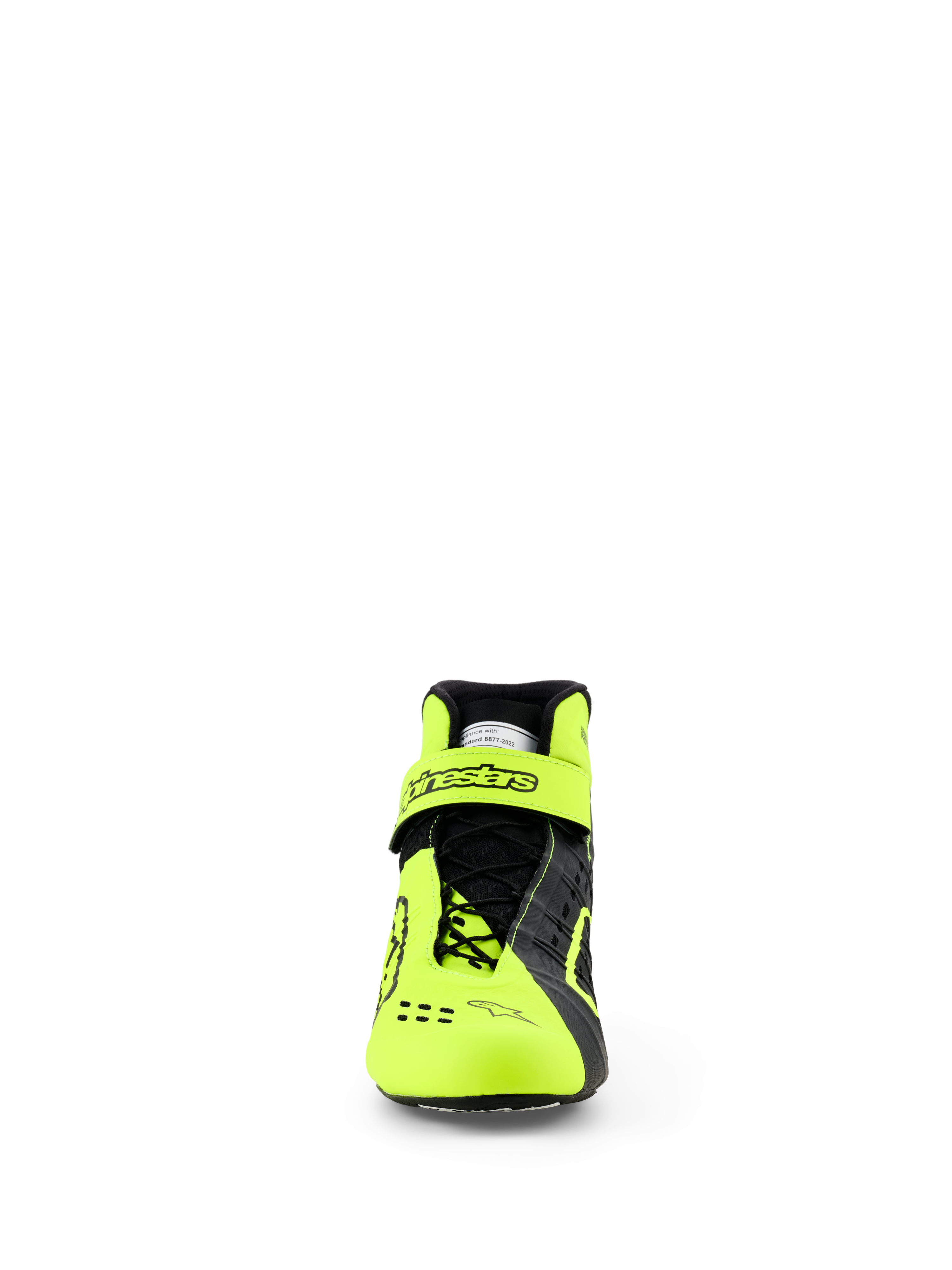 Scarpe Alpinestars Tech-1 KX V3, scarpe da karting, nero e giallo fluo, vista frontale che mostra il sistema di allacciatura asimmetrico e il cinturino regolabile sulla caviglia con logo Alpinestars, design leggero per prestazioni da corsa certificate FIA