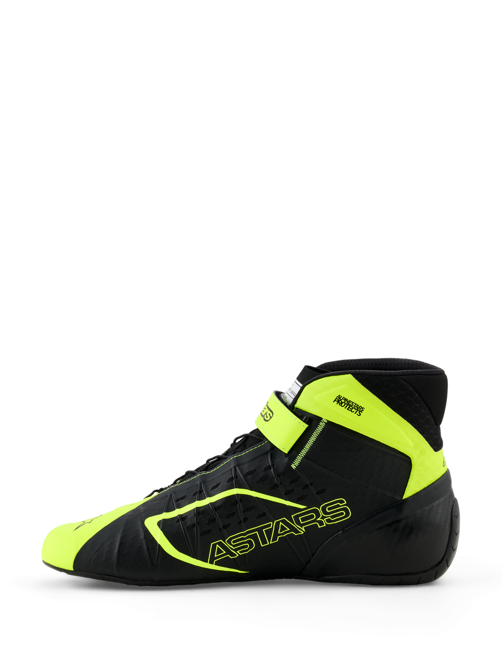 Scarpe da kart Alpinestars Tech-1 KX V3, nero e giallo fluo, vista laterale con costruzione termosaldata senza cuciture, perforazioni tagliate al laser, accenti giallo fluo con marchio ASTARS e cinturino regolabile sulla caviglia, design motorsport elegante