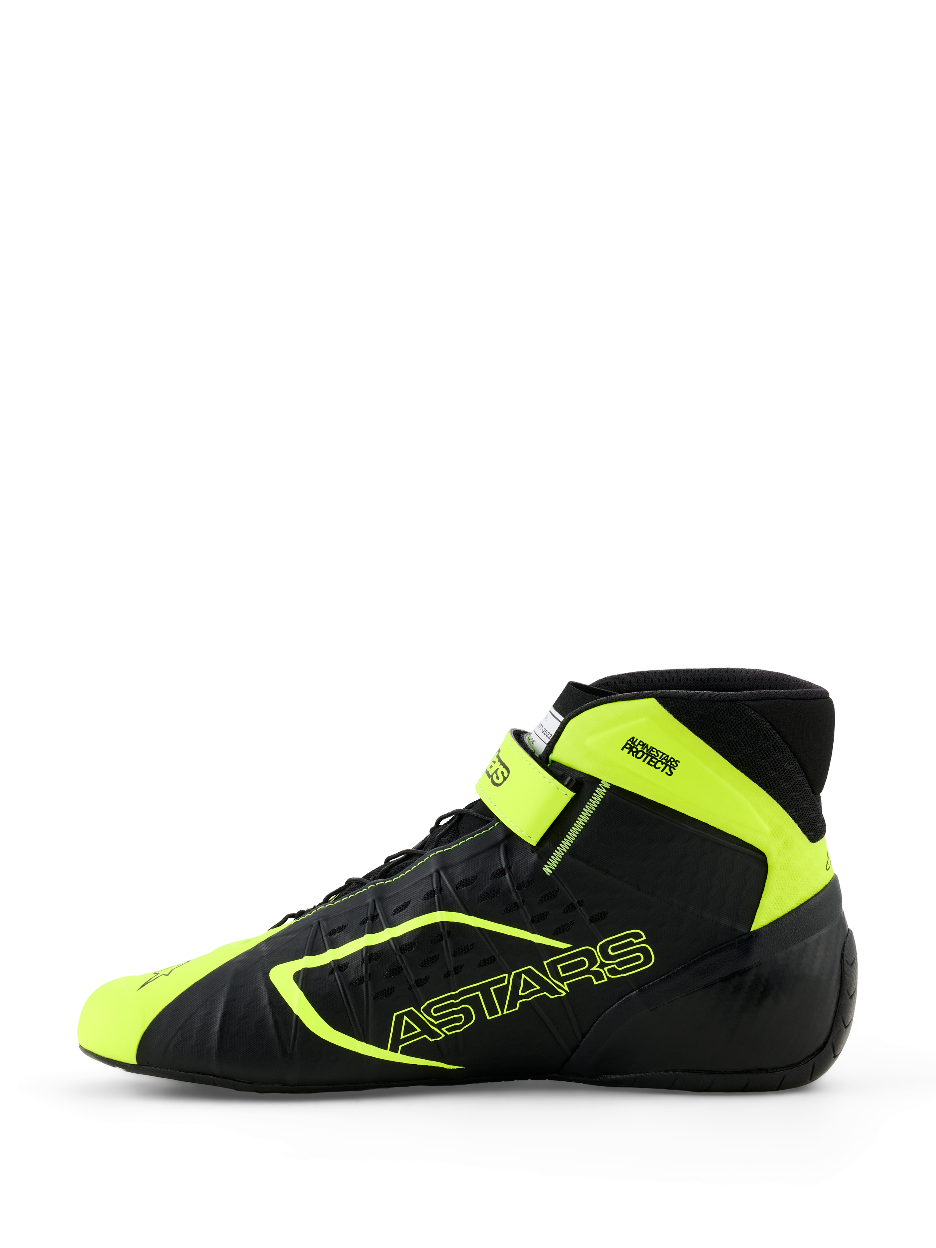 Scarpe da kart Alpinestars Tech-1 KX V3, nero e giallo fluo, vista laterale con costruzione termosaldata senza cuciture, perforazioni tagliate al laser, accenti giallo fluo con marchio ASTARS e cinturino regolabile sulla caviglia, design motorsport elegante