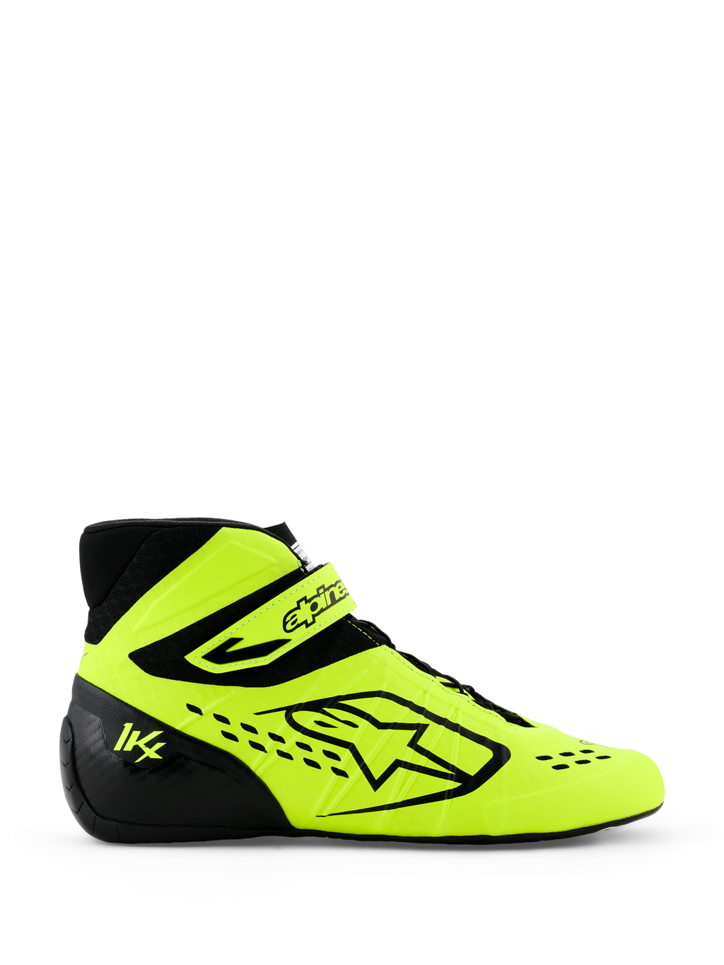 Scarpe da kart Alpinestars Tech-1 KX V3, giallo fluo e nero, vista di profilo laterale con logo Alpinestars in evidenza, cinturino regolabile sulla caviglia e traforature tagliate al laser per la traspirabilità, calzature professionali per motorsport.