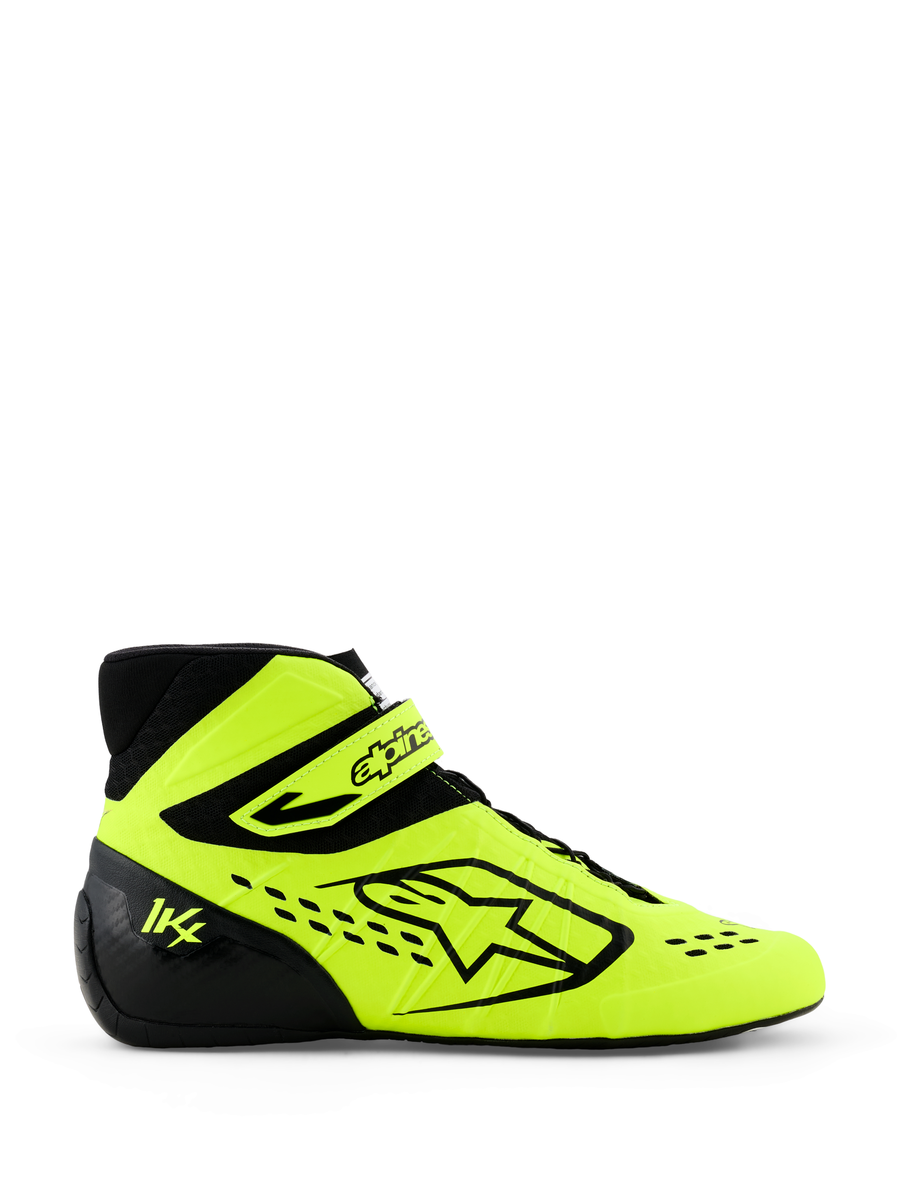 Scarpe da kart Alpinestars Tech-1 KX V3, giallo fluo e nero, vista di profilo laterale con logo Alpinestars in evidenza, cinturino regolabile sulla caviglia e traforature tagliate al laser per la traspirabilità, calzature professionali per motorsport.