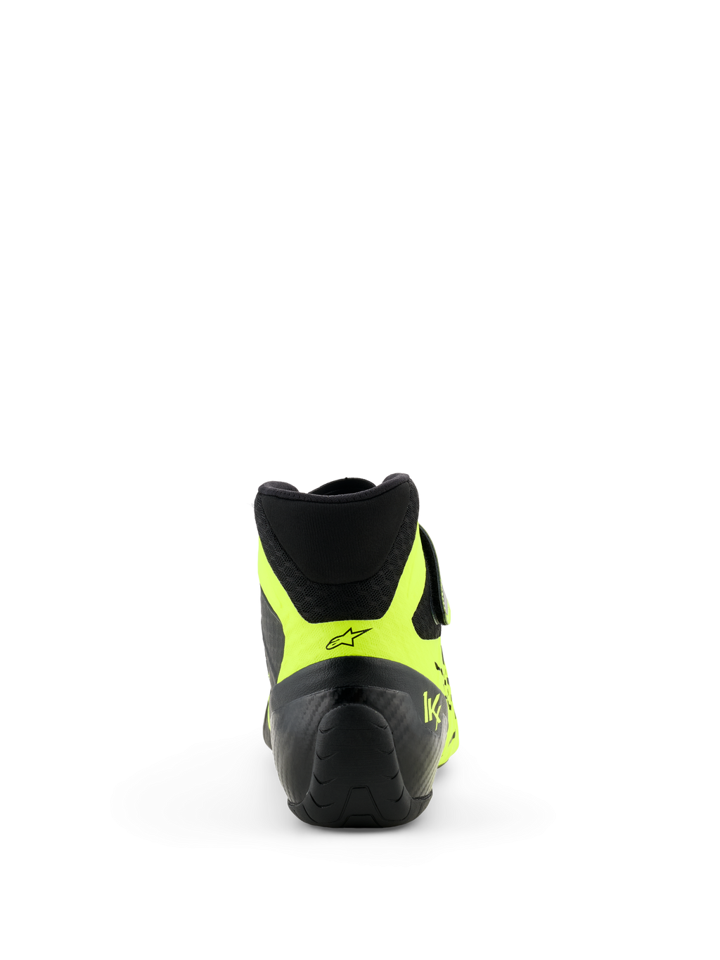 Scarpe Alpinestars Tech-1 KX V3 - FIA, nero e giallo fluo, vista posteriore con focus sul tallone, accenti giallo neon con logo a stella nero e branding KX, calzature professionali da karting