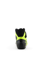 Scarpe Alpinestars Tech-1 KX V3 - FIA, nero e giallo fluo, vista posteriore con focus sul tallone, accenti giallo neon con logo a stella nero e branding KX, calzature professionali da karting
