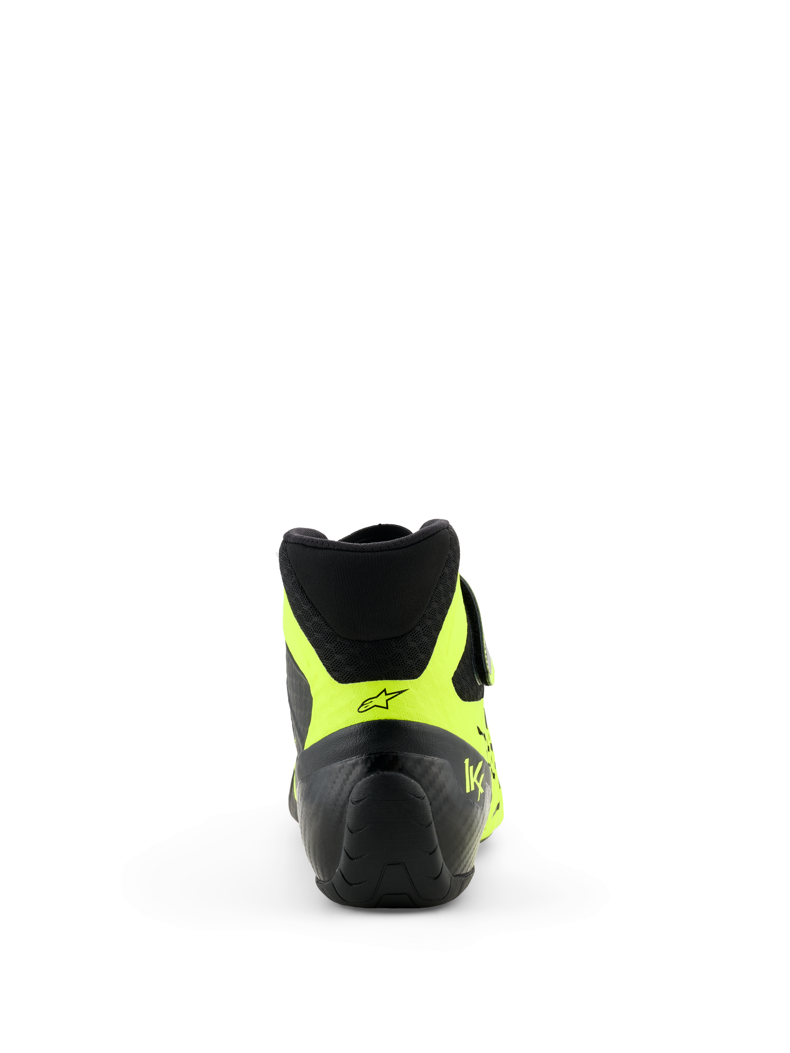 Scarpe Alpinestars Tech-1 KX V3 - FIA, nero e giallo fluo, vista posteriore con focus sul tallone, accenti giallo neon con logo a stella nero e branding KX, calzature professionali da karting