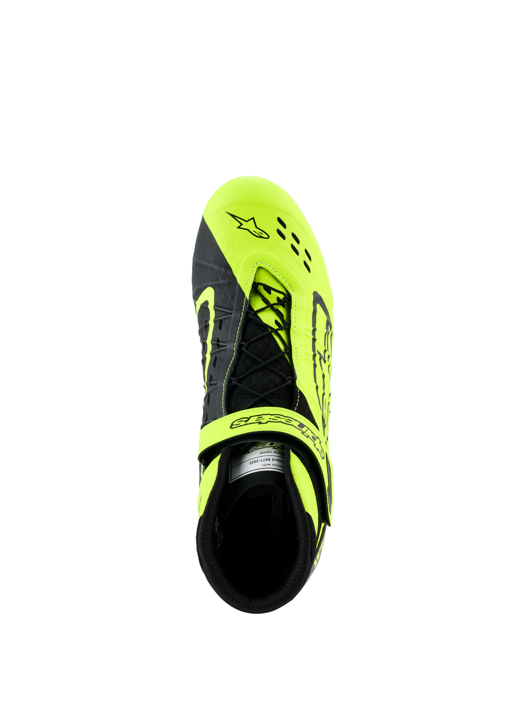 Scarpe Alpinestars Tech-1 KX V3, scarpe da karting, nero e giallo fluo, vista dall'alto che mostra il sistema di allacciatura asimmetrico e la cinghia regolabile, con perforazioni tagliate al laser per la traspirabilità, progettate per le gare di kart