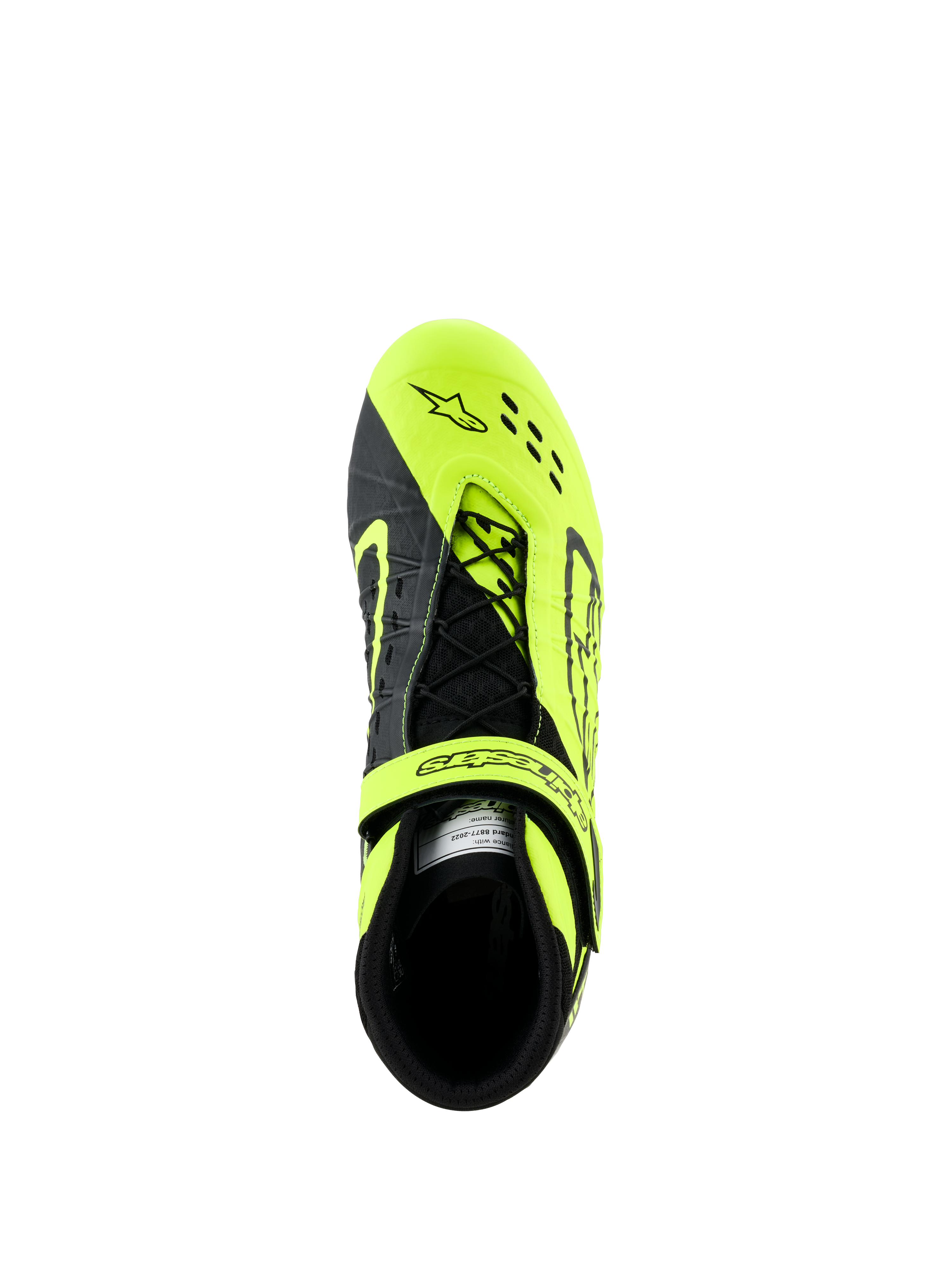 Scarpe Alpinestars Tech-1 KX V3, scarpe da karting, nero e giallo fluo, vista dall'alto che mostra il sistema di allacciatura asimmetrico e la cinghia regolabile, con perforazioni tagliate al laser per la traspirabilità, progettate per le gare di kart