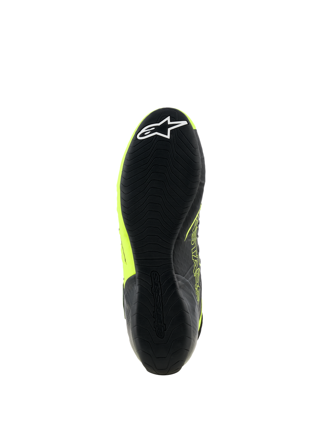 Scarpe Alpinestars Tech-1 KX V3, scarpe da kart, nero e giallo fluo, vista dal basso della sottile suola in gomma con trama grip testurizzata e logo a stella bianco sul tallone, progettate per prestazioni motorsport.