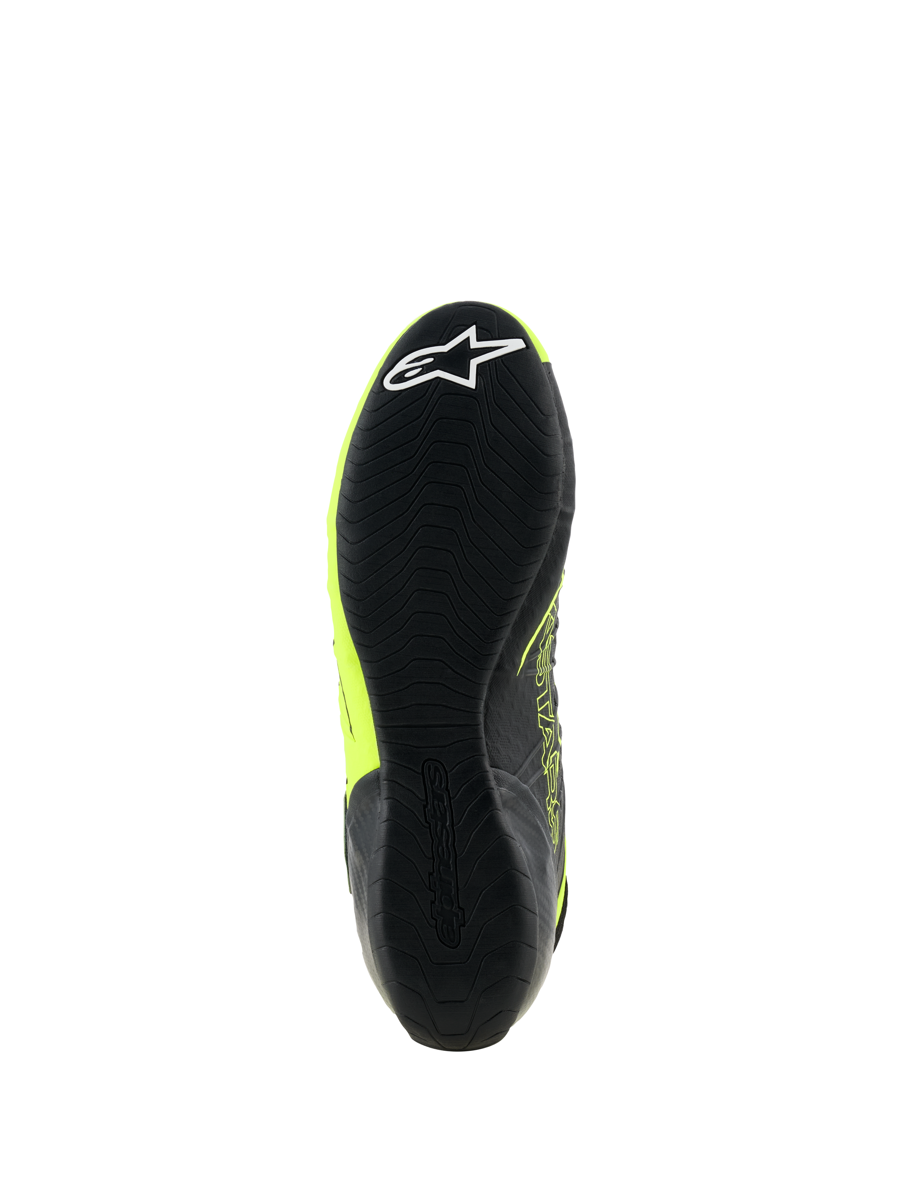 Scarpe Alpinestars Tech-1 KX V3, scarpe da kart, nero e giallo fluo, vista dal basso della sottile suola in gomma con trama grip testurizzata e logo a stella bianco sul tallone, progettate per prestazioni motorsport.