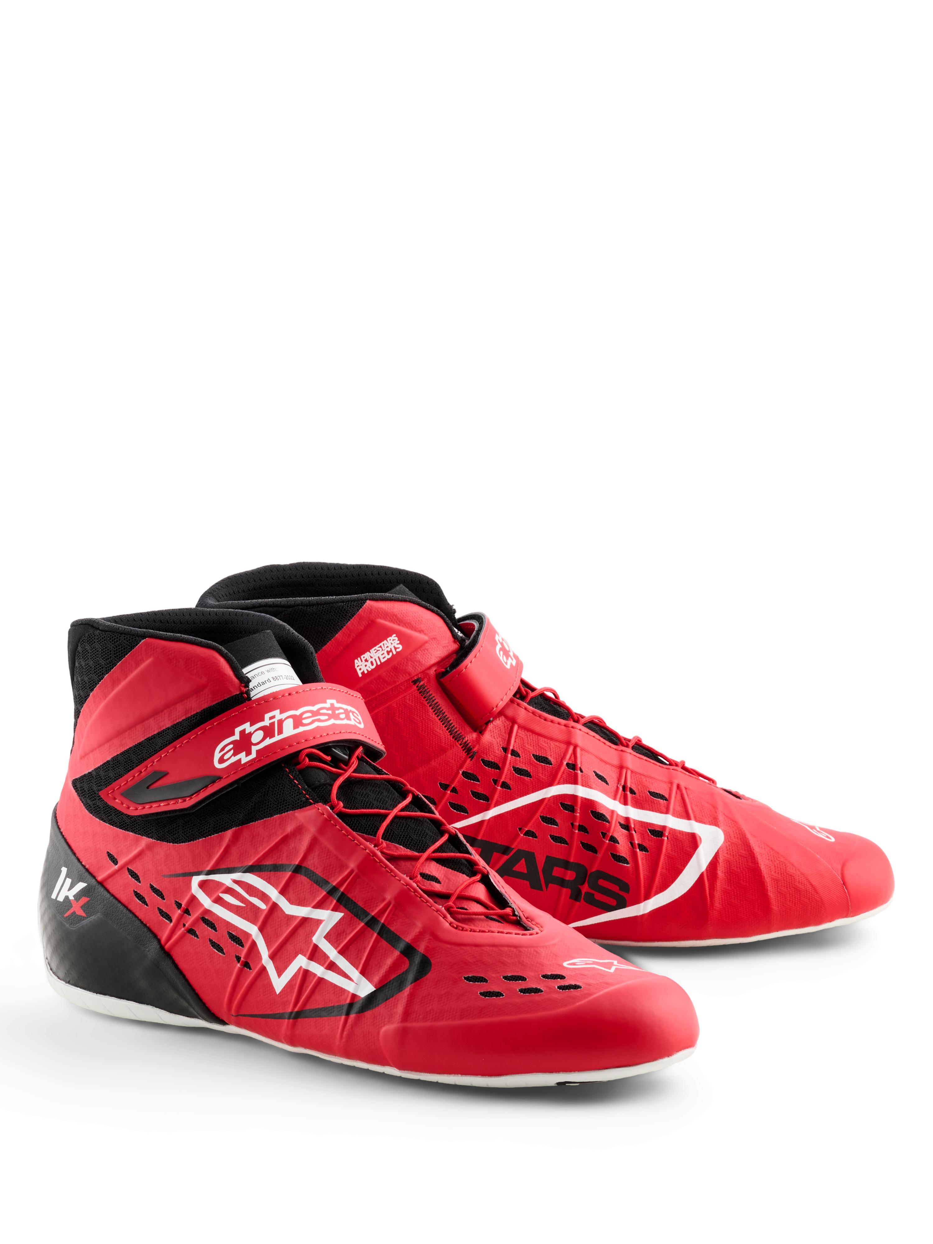 Scarpe Alpinestars Tech-1 KX V3, scarpe da karting, rosso e nero, con allacciatura asimmetrica e cinturino alla caviglia in velcro, logo Alpinestars bianco, prese d'aria tagliate al laser e costruzione leggera senza cuciture per prestazioni professionali nel motorsport