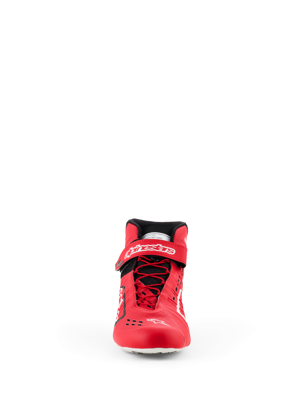 Scarpe Alpinestars Tech-1 KX V3 - FIA, scarpe da karting, rosso e nero, vista frontale con allacciatura rapida asimmetrica, cinturino alla caviglia in velcro con marchio bianco e costruzione termo-saldata elegante